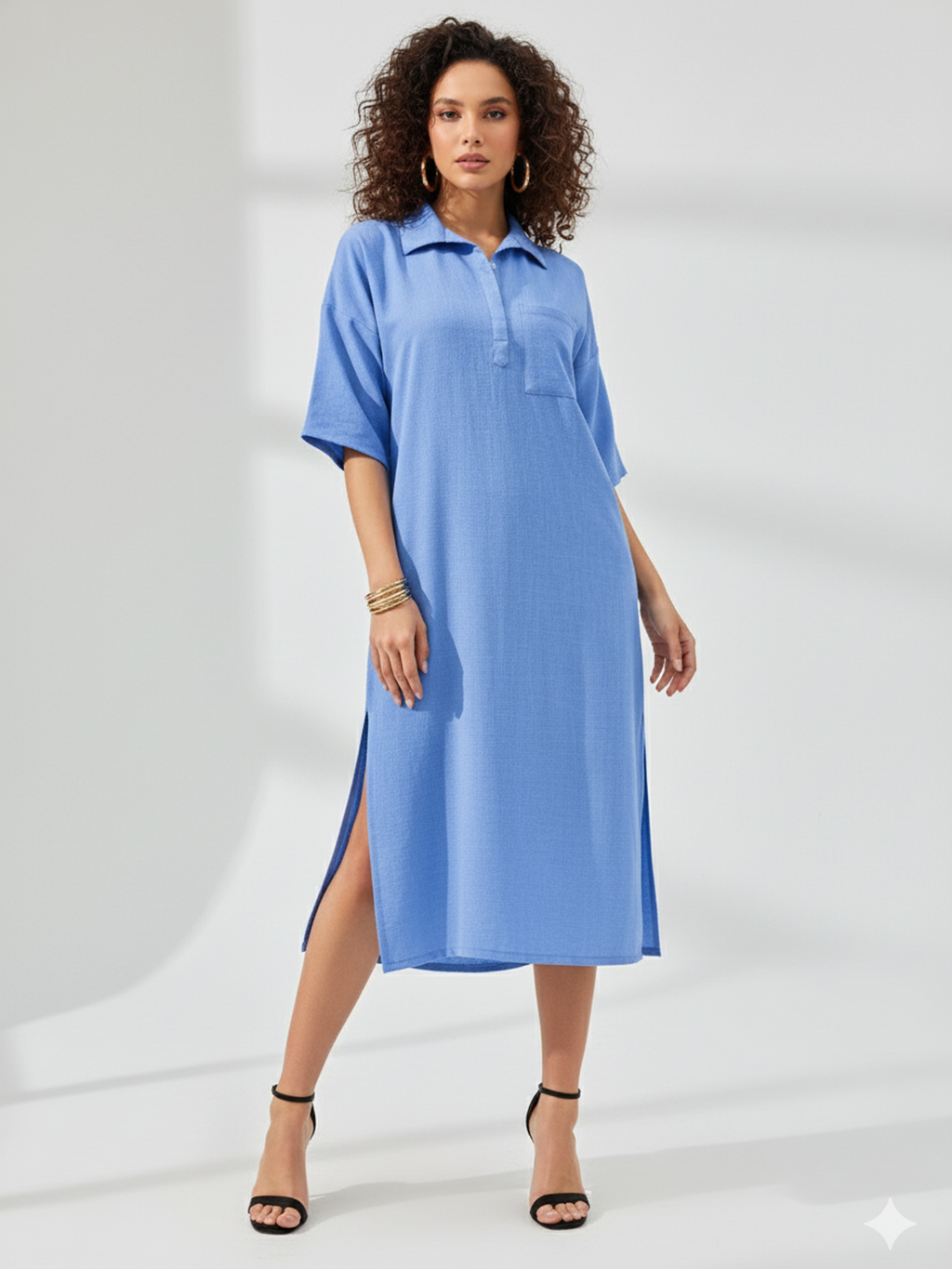 Regular Sleeve Midi Length Solid Dress