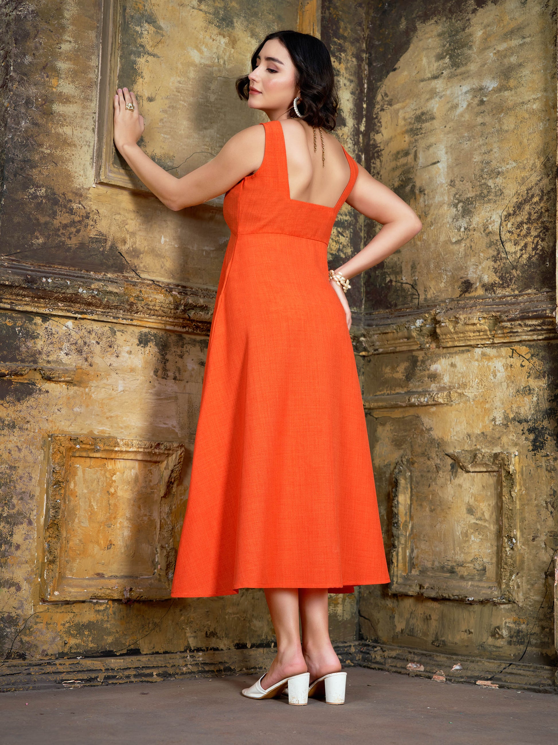 Women's Fit & Flared Orange Dress