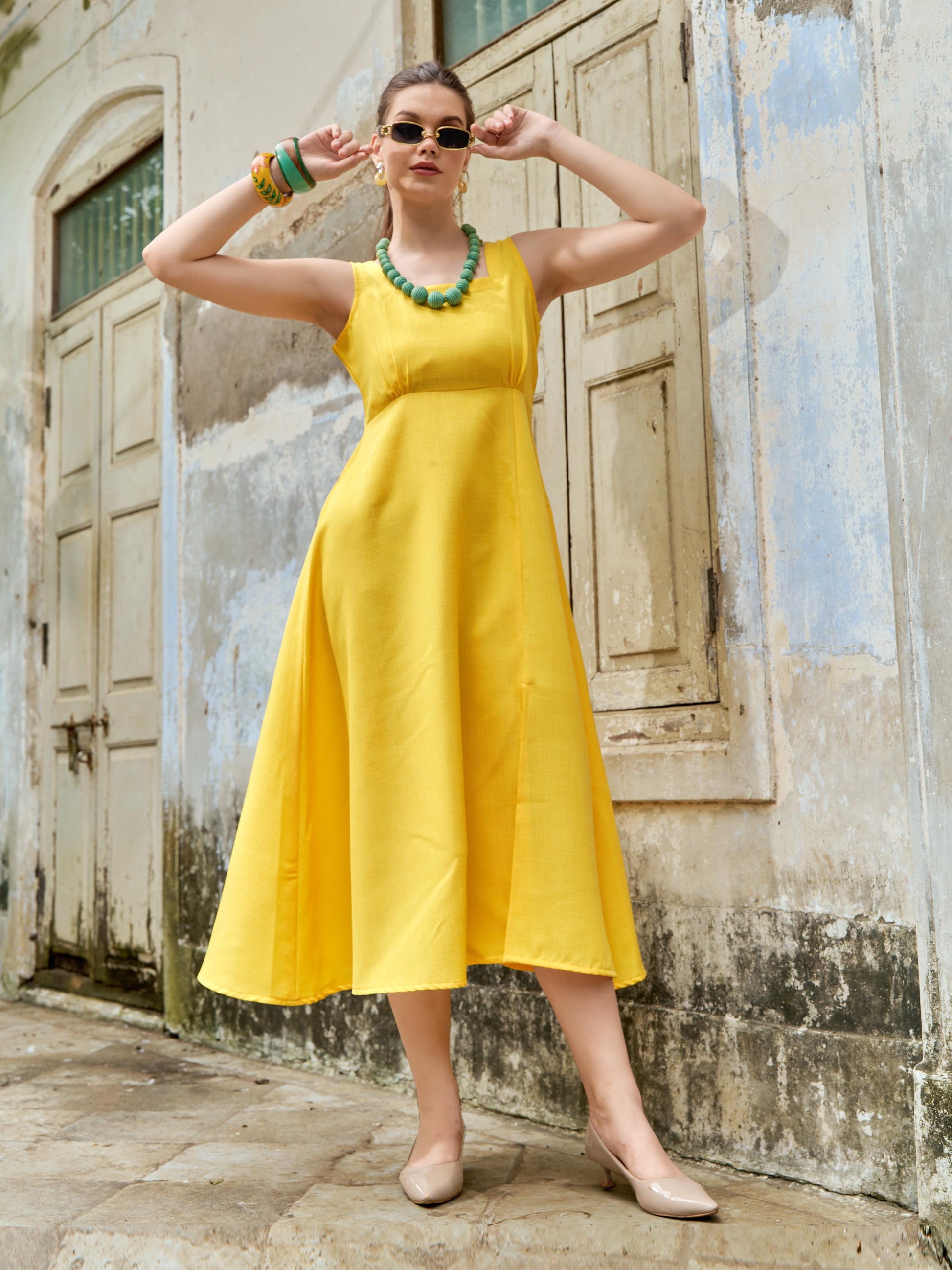 Women's Fit & Flared Yellow Dress
