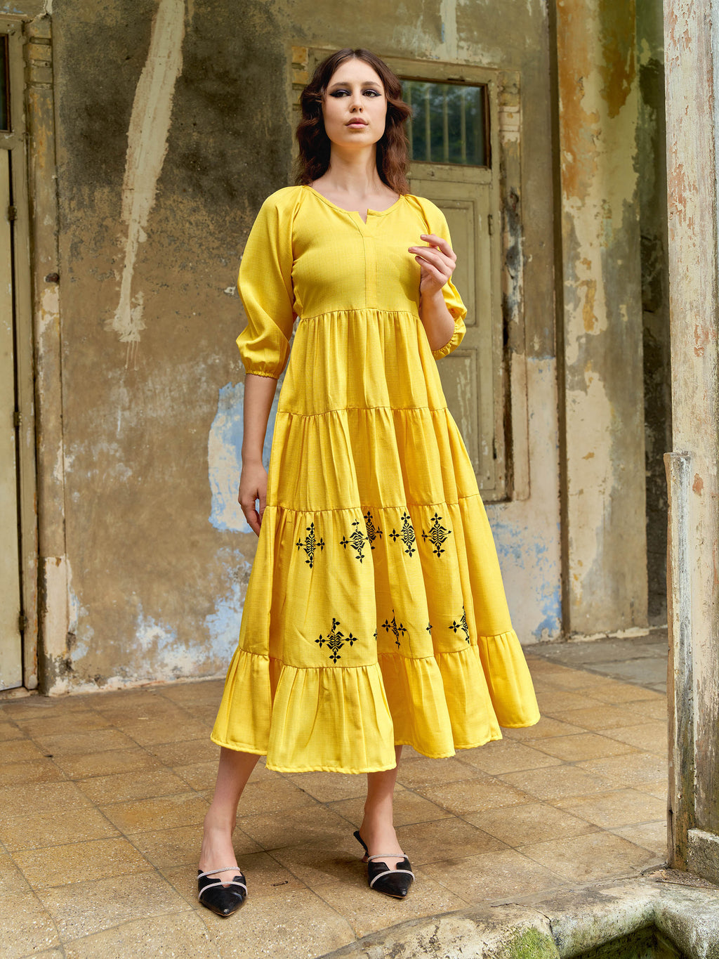 Women Layered Midi Puff Sleeve Round Neck Solid Dress