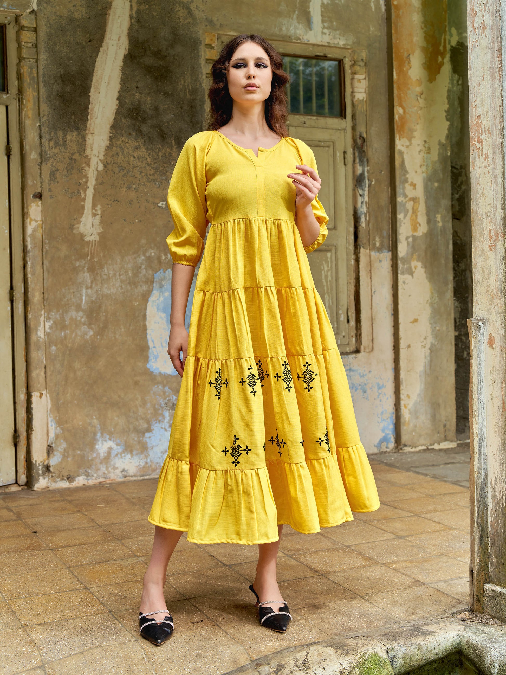 Women Layered Midi Puff Sleeve Round Neck Solid Dress