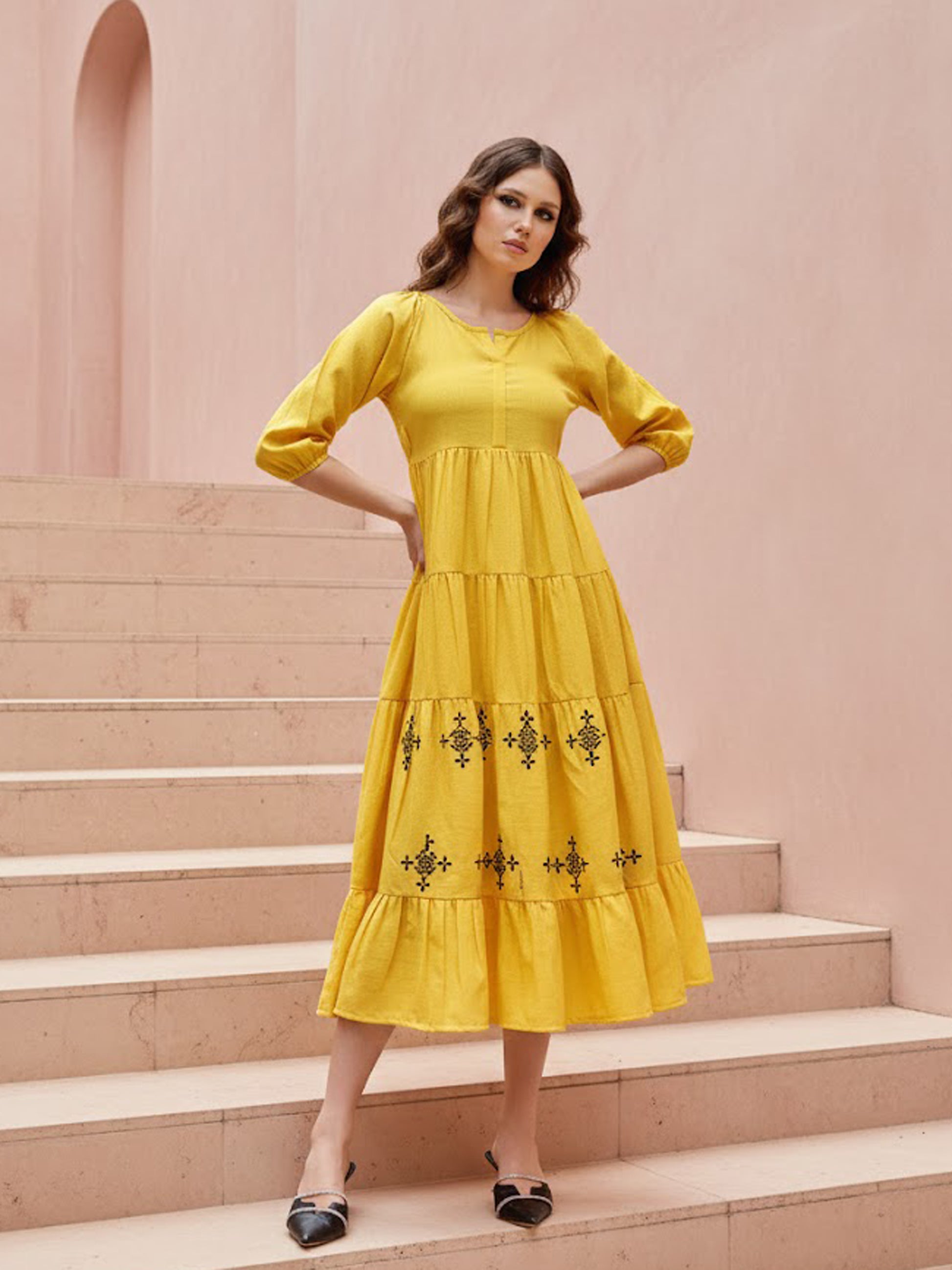 Women Layered Midi Puff Sleeve Round Neck Solid Dress