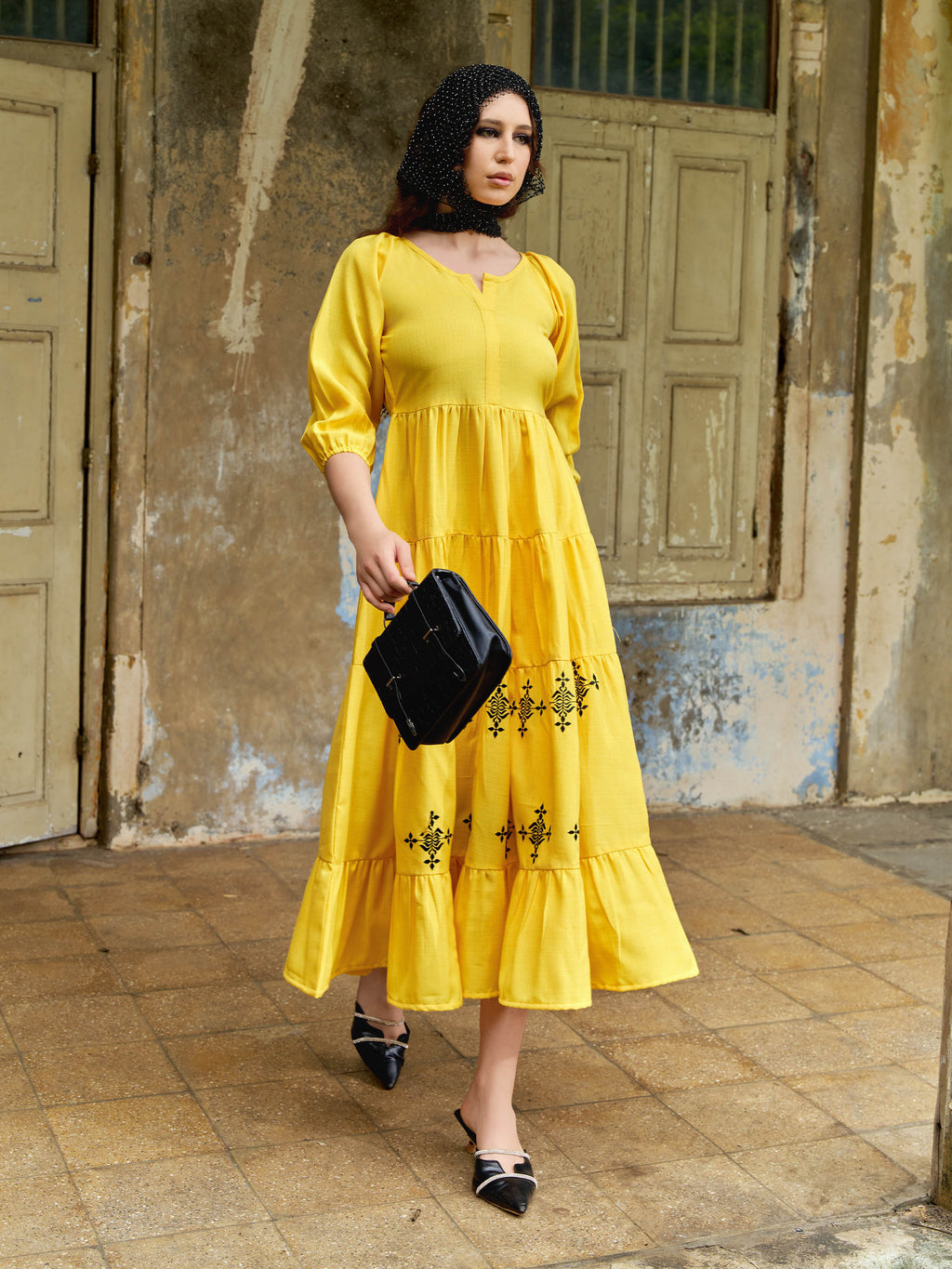 Women Layered Midi Puff Sleeve Round Neck Solid Dress