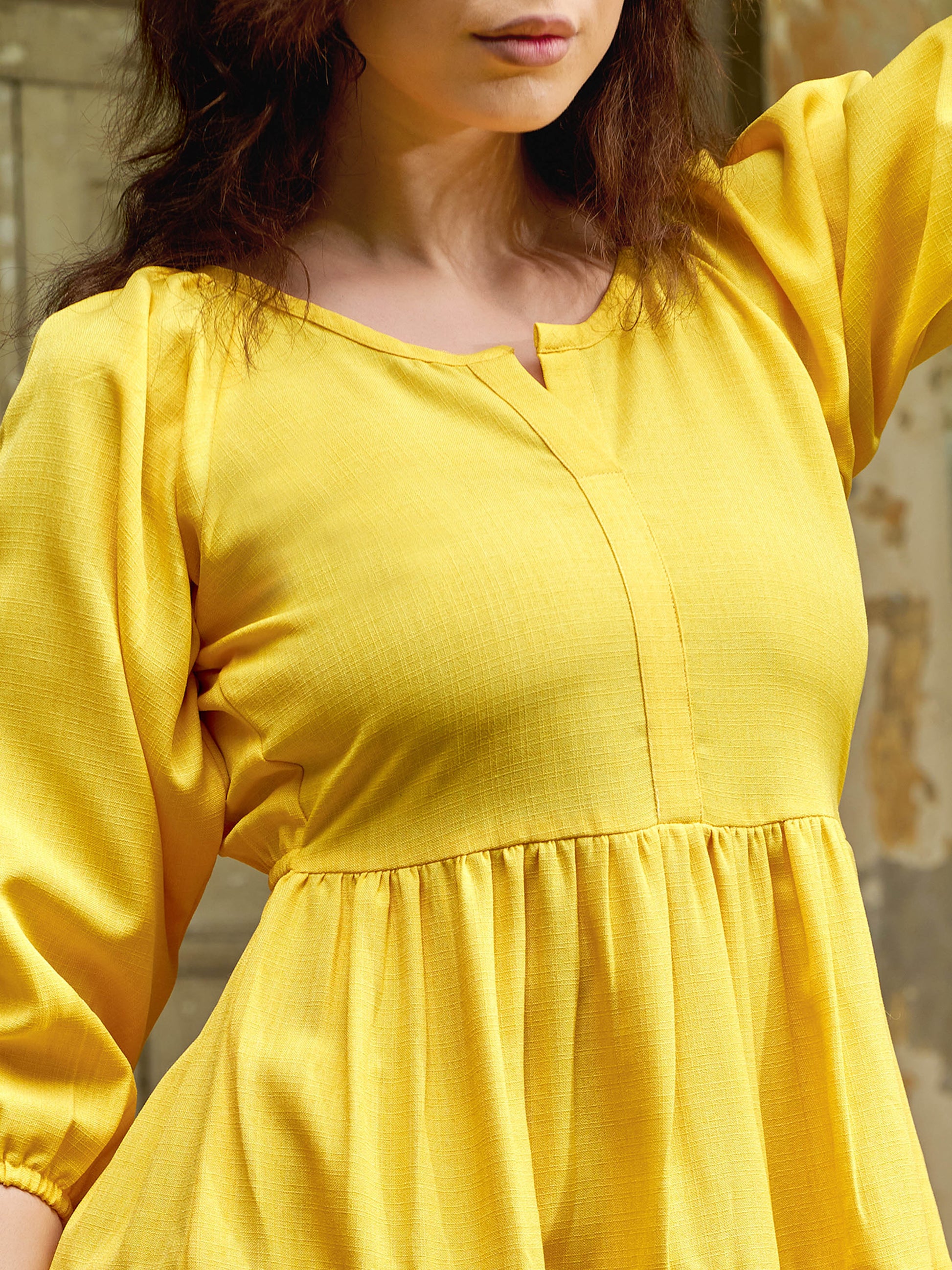 Women Layered Midi Puff Sleeve Round Neck Solid Dress