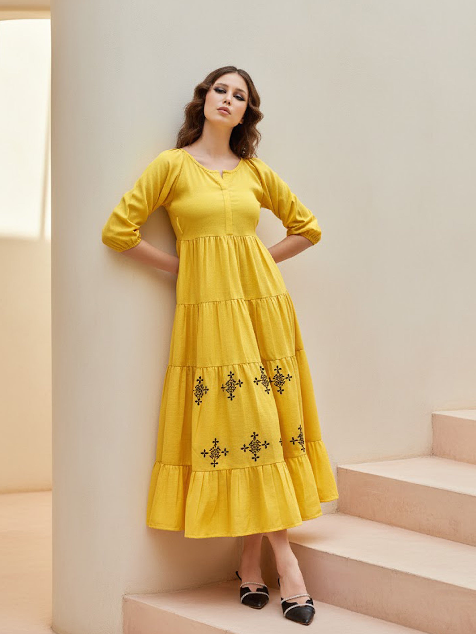 Women Layered Midi Puff Sleeve Round Neck Solid Dress