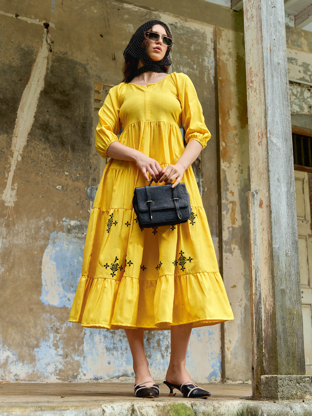 Women Layered Midi Puff Sleeve Round Neck Solid Dress