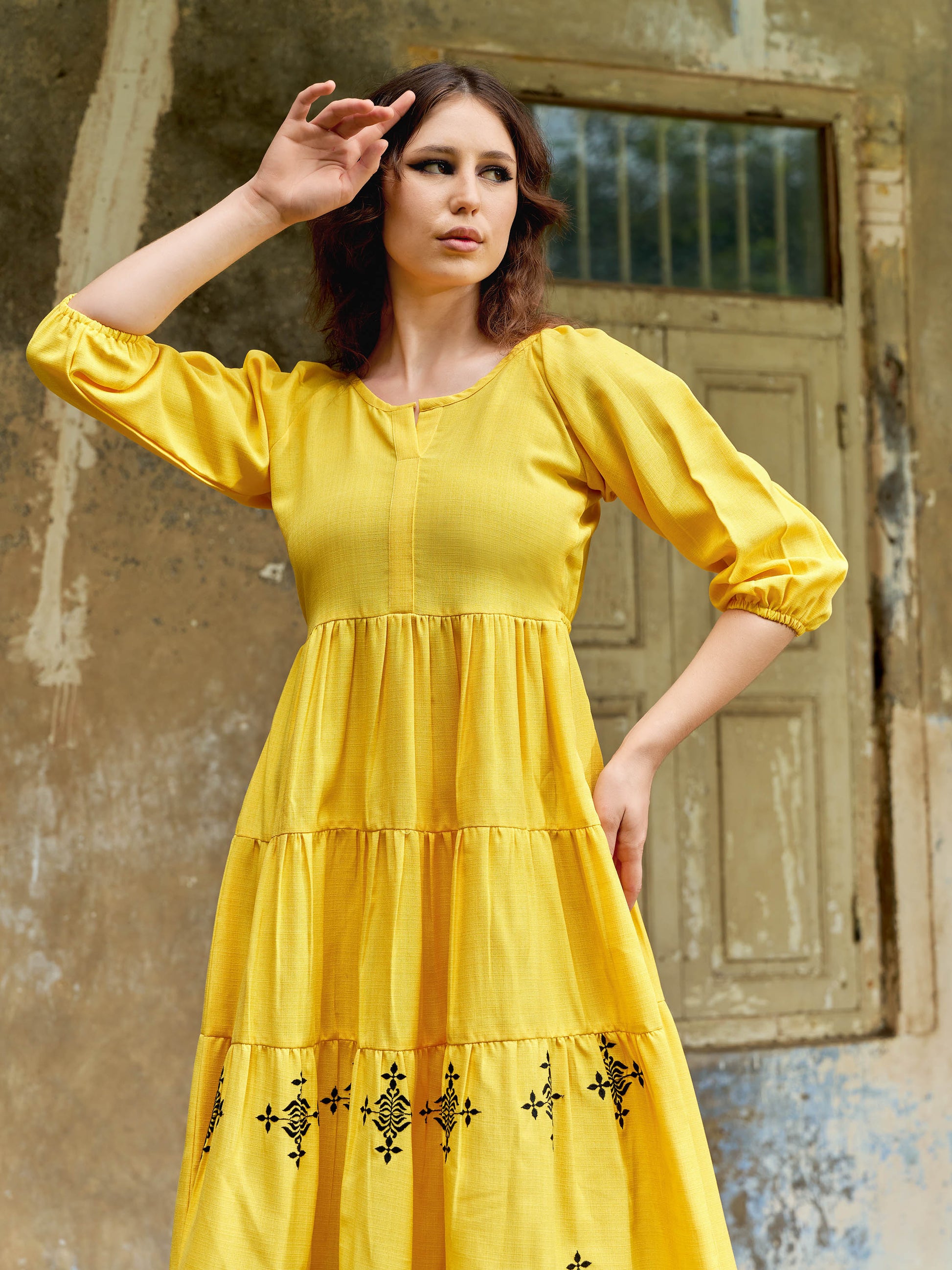 Women Layered Midi Puff Sleeve Round Neck Solid Dress