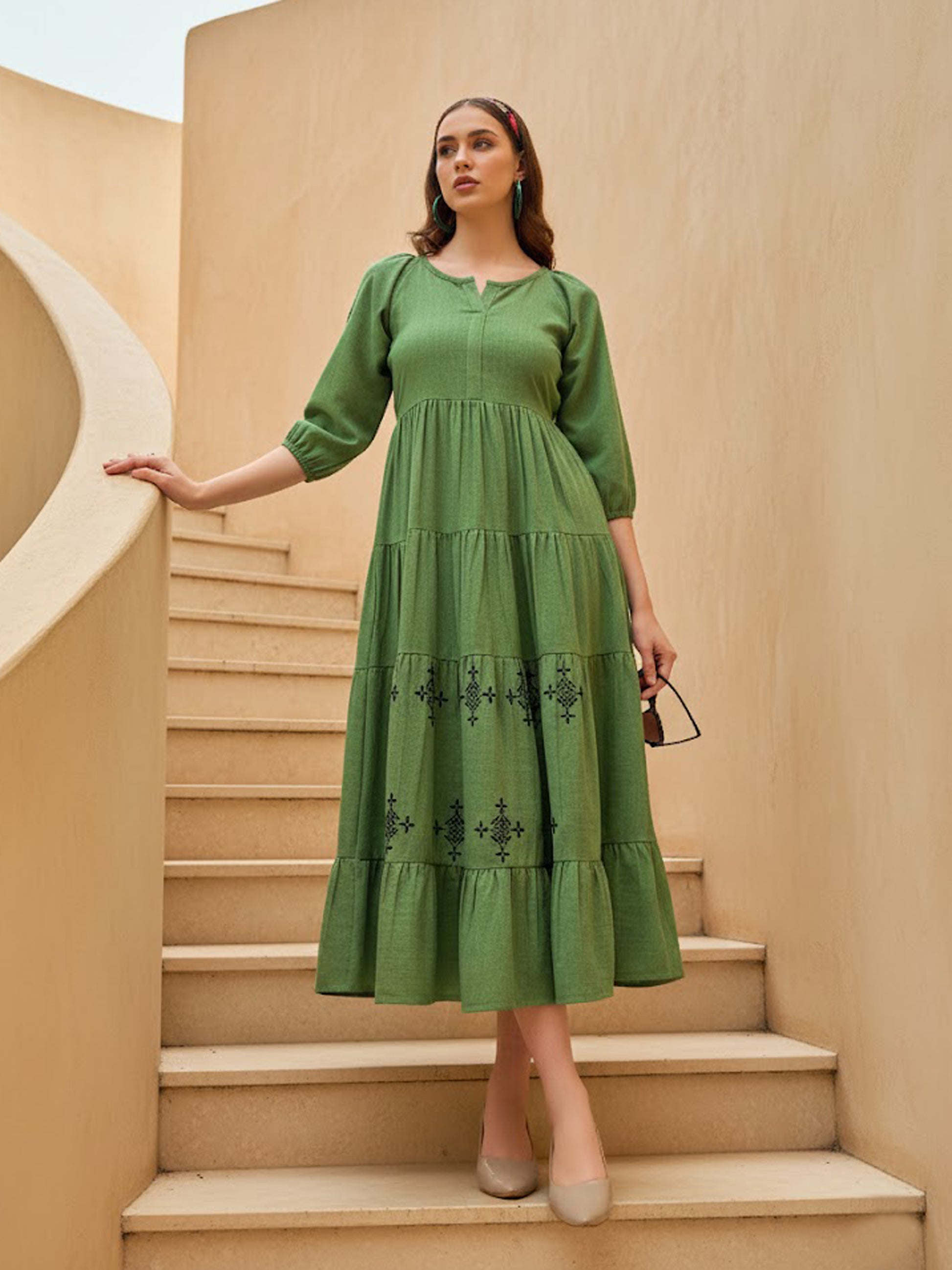 Women Layered Midi Puff Sleeve Round Neck Solid Dress