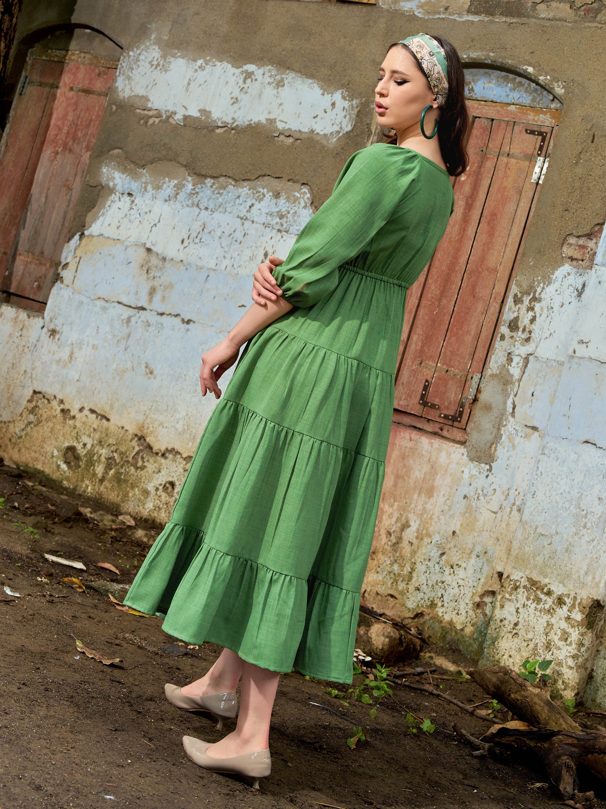 Women Layered Midi Puff Sleeve Round Neck Solid Dress