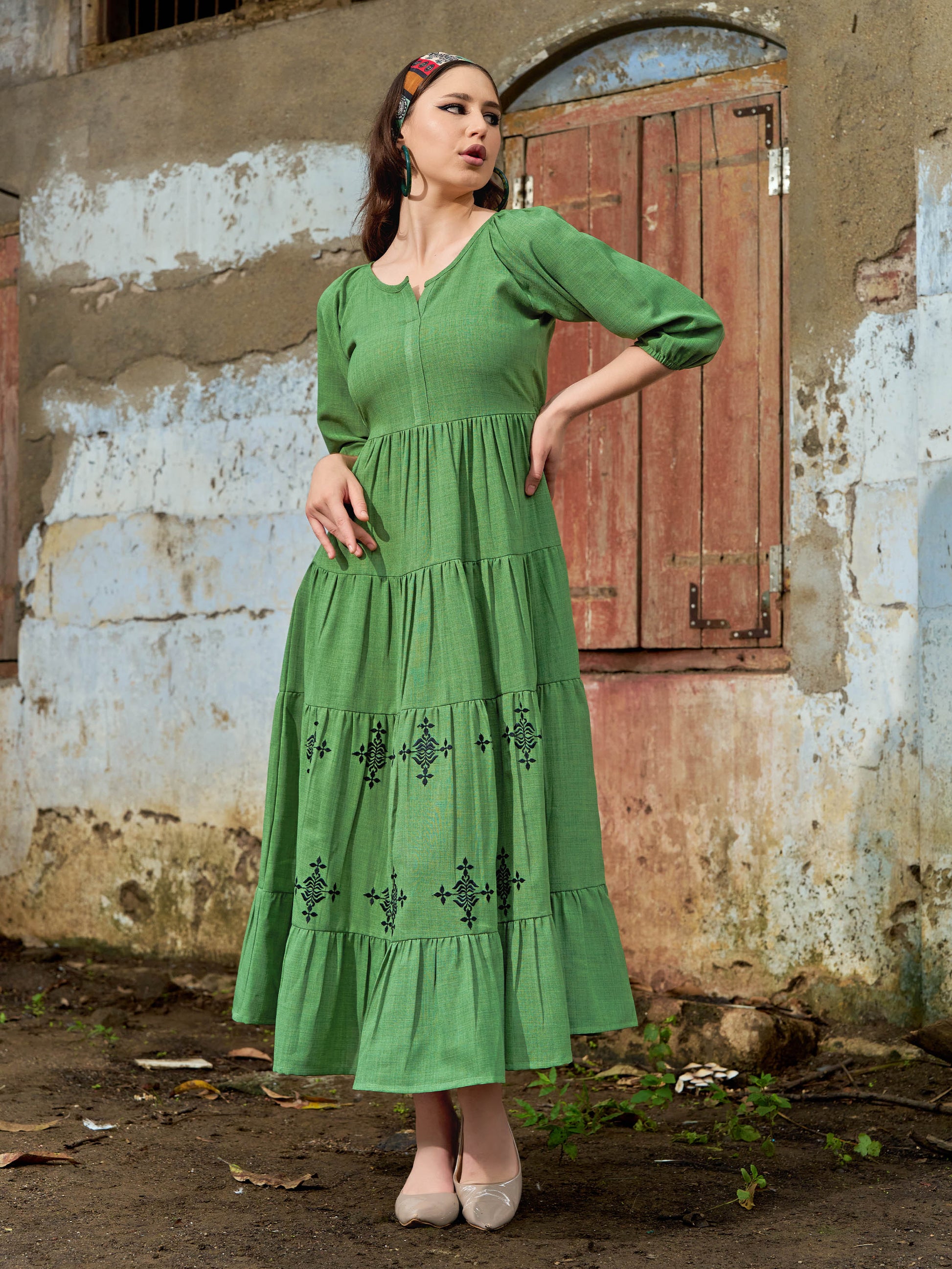 Women Layered Midi Puff Sleeve Round Neck Solid Dress