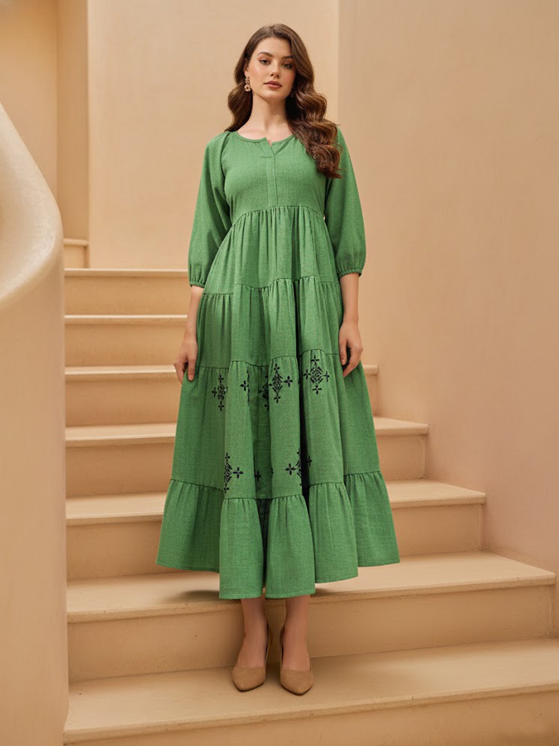 Women Layered Midi Puff Sleeve Round Neck Solid Dress