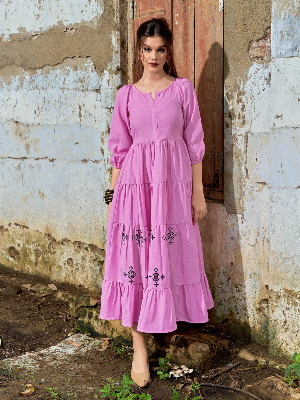 Women Layered Midi Puff Sleeve Round Neck Solid Dress