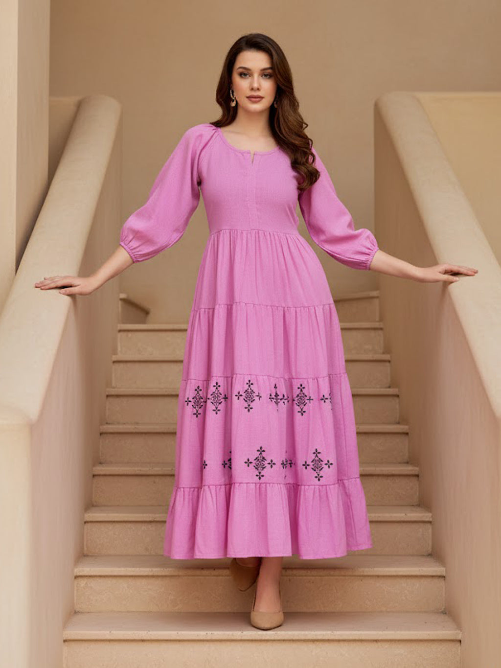 Puff Sleeve Midi Length Linen Dress