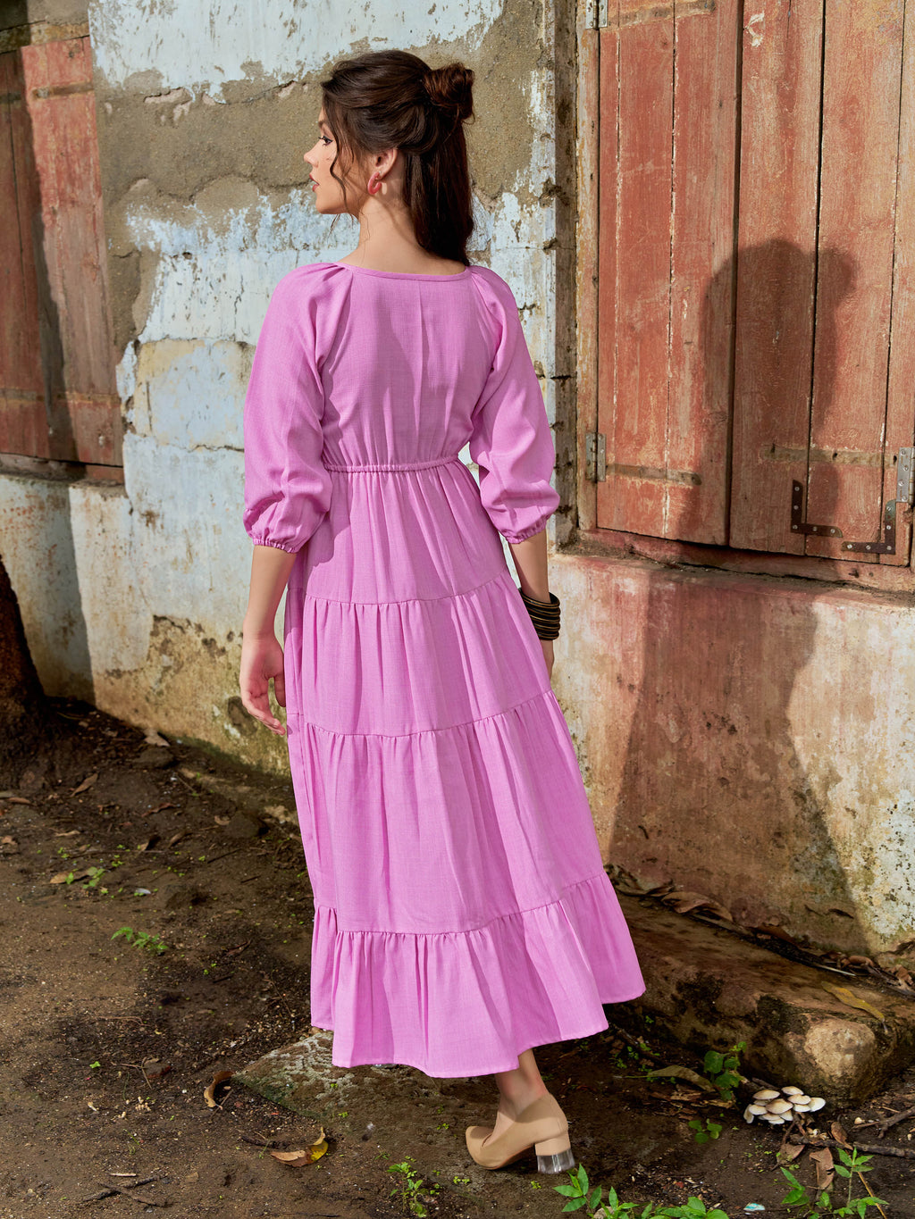 Women Layered Midi Puff Sleeve Round Neck Solid Dress