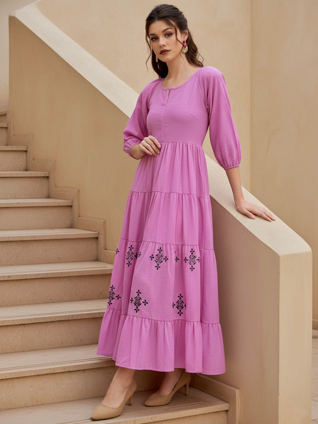 Puff Sleeve Midi Length Linen Dress