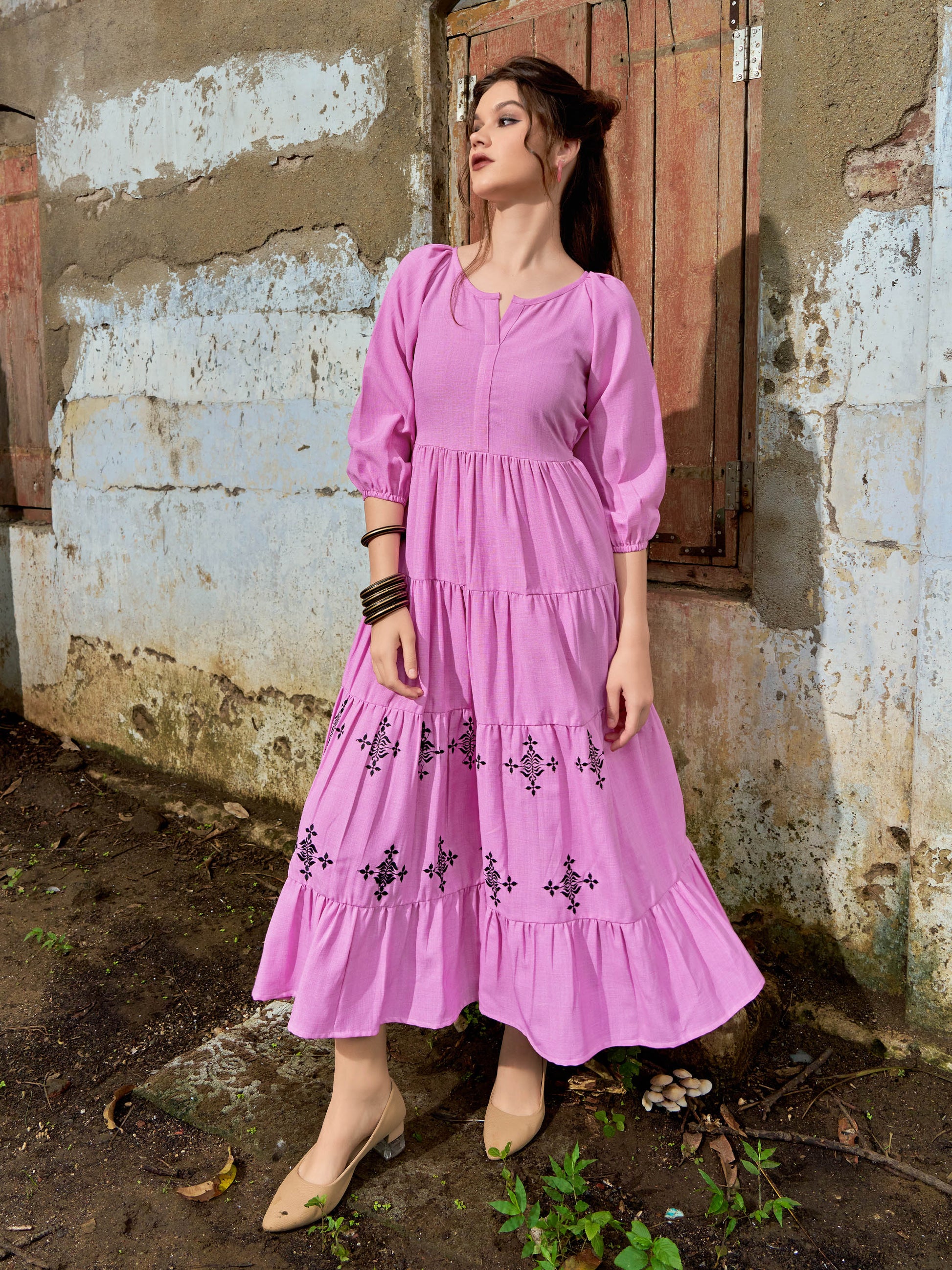 Women Layered Midi Puff Sleeve Round Neck Solid Dress