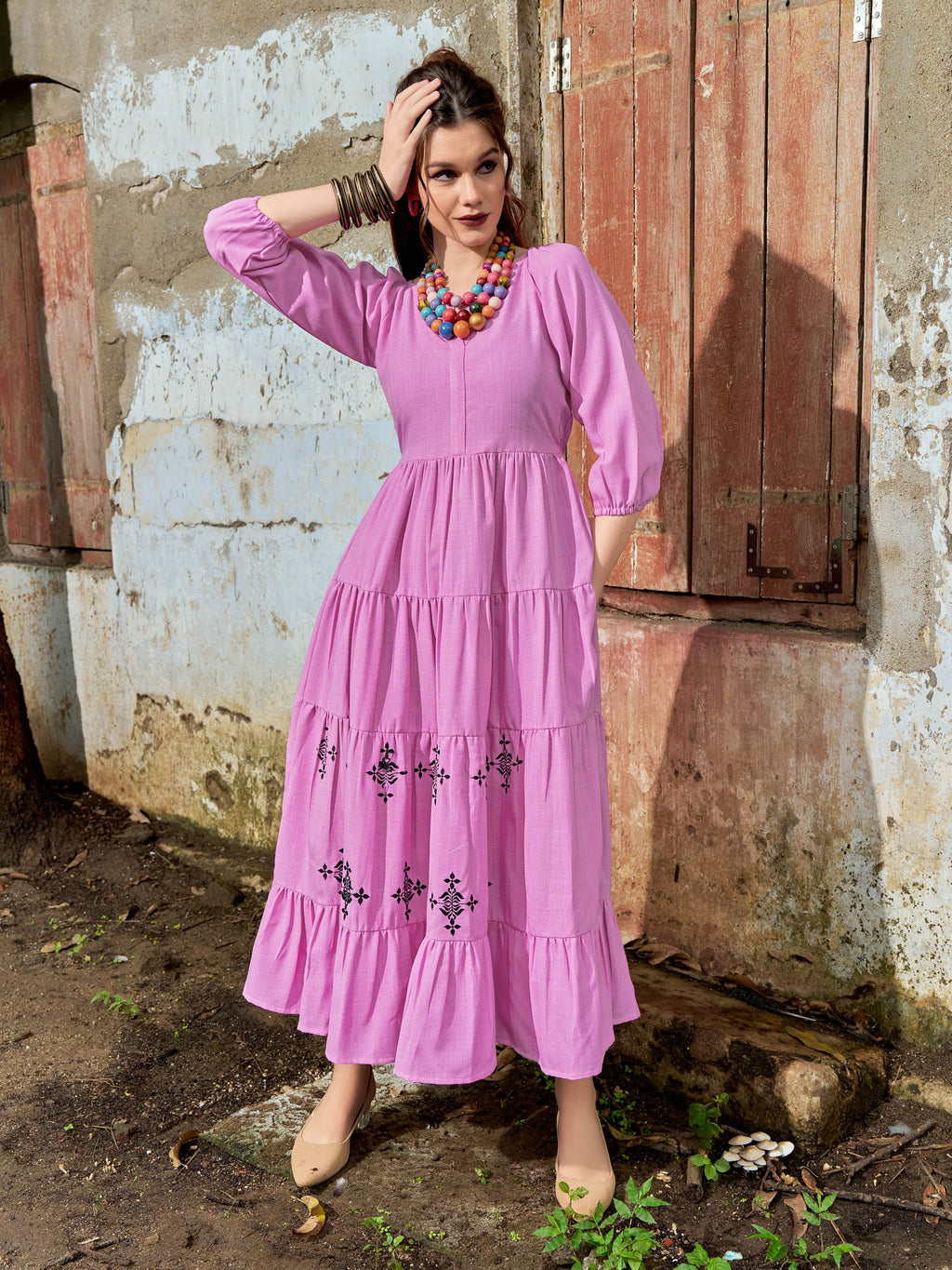 Puff Sleeve Midi Length Linen Dress