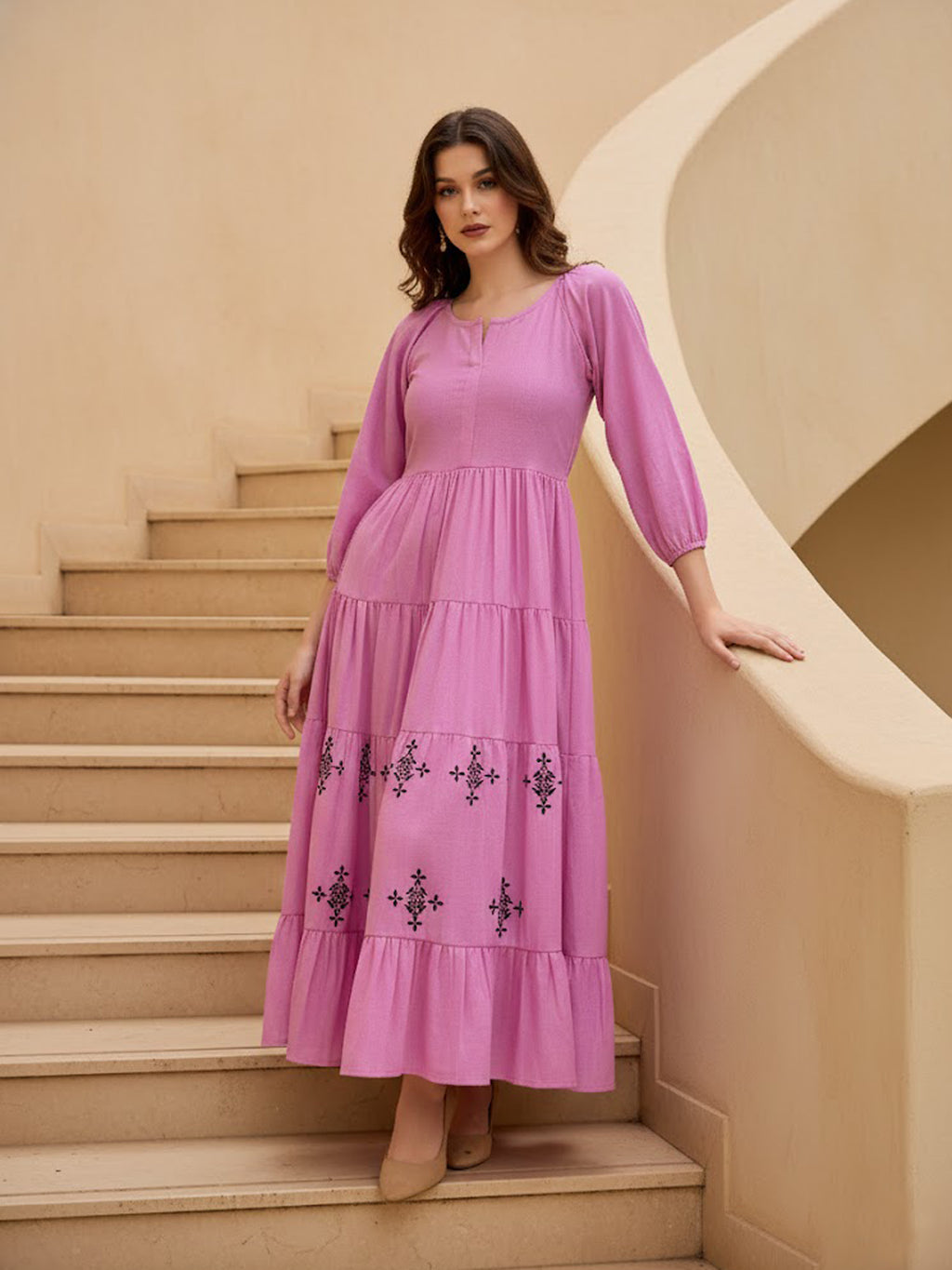 Puff Sleeve Midi Length Linen Dress