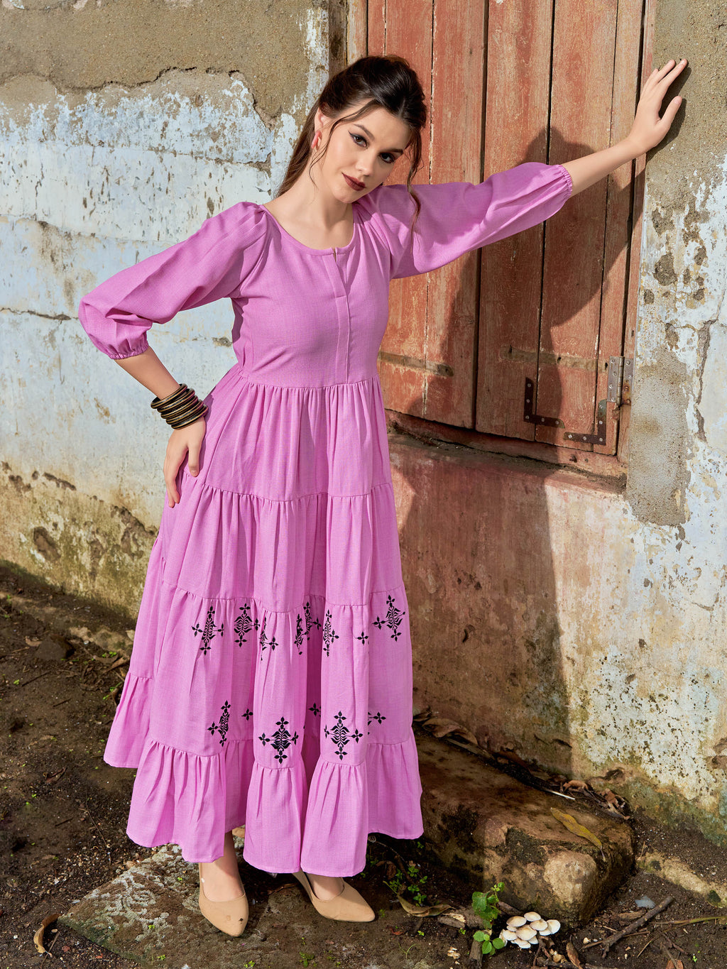 Women Layered Midi Puff Sleeve Round Neck Solid Dress