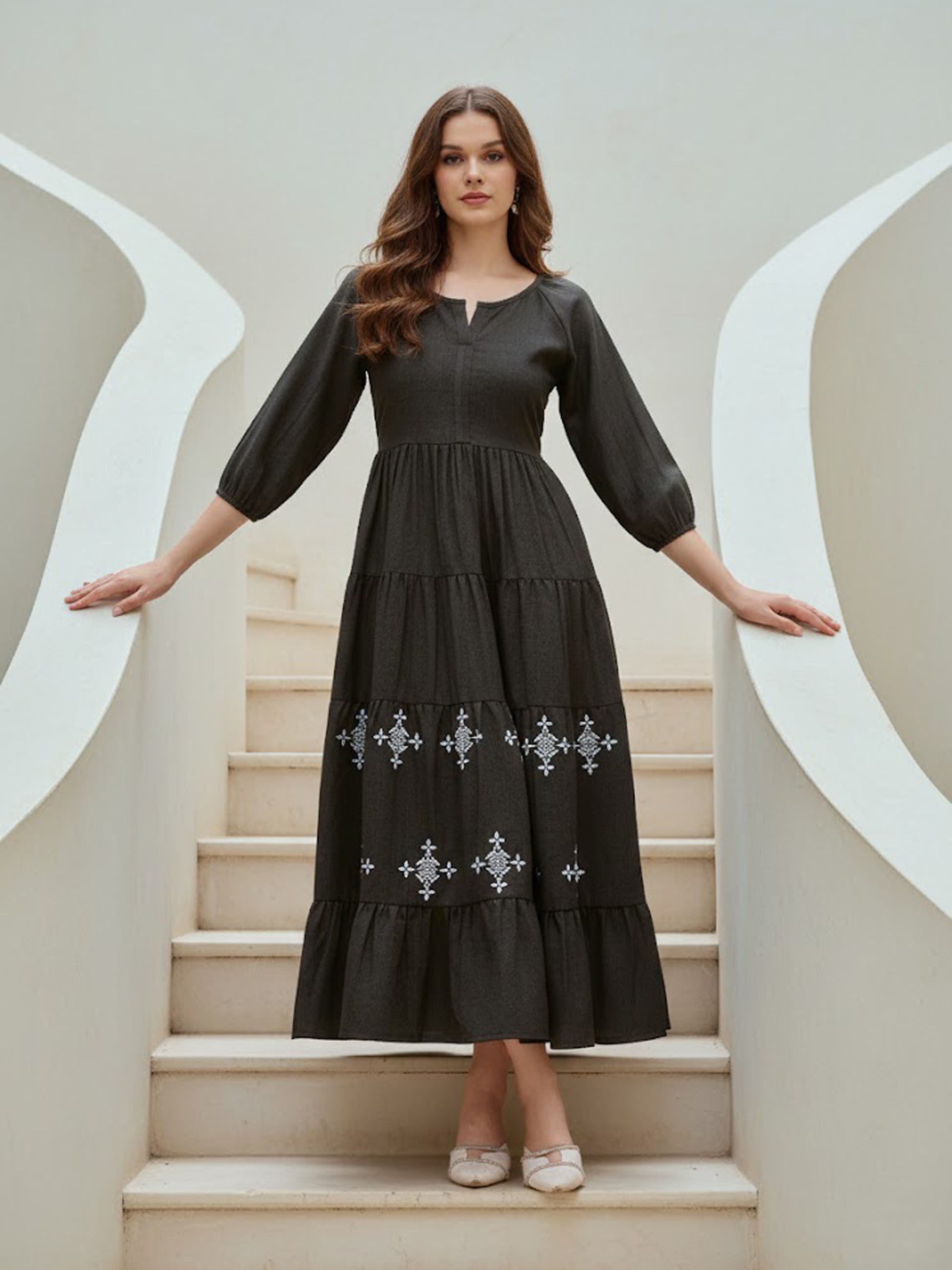 Women Layered Midi Puff Sleeve Round Neck Solid Dress