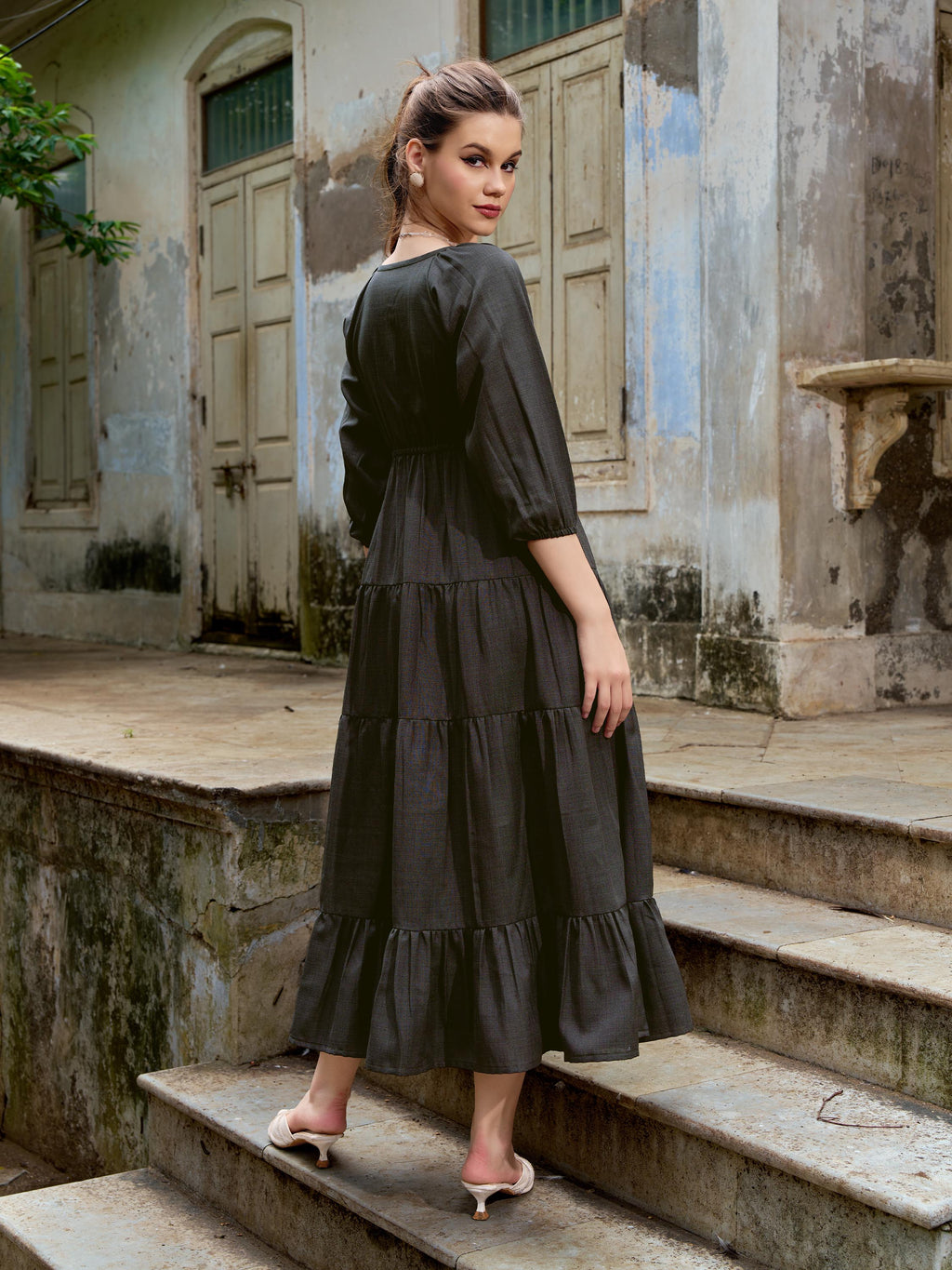 Women Layered Midi Puff Sleeve Round Neck Solid Dress