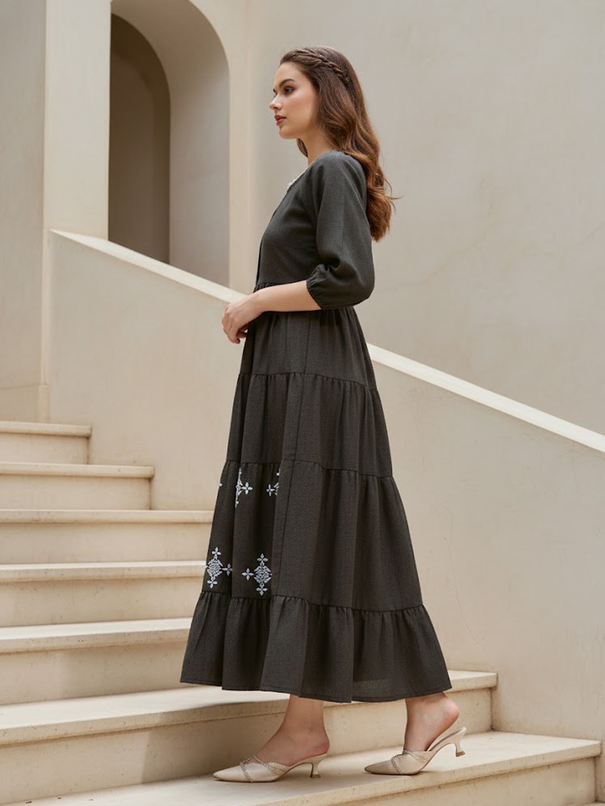 Women Layered Midi Puff Sleeve Round Neck Solid Dress