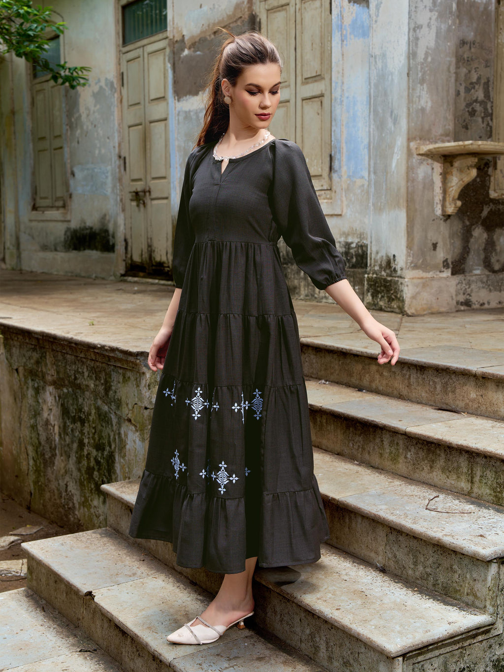 Women Layered Midi Puff Sleeve Round Neck Solid Dress