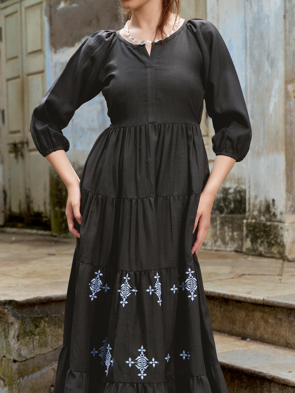 Women Layered Midi Puff Sleeve Round Neck Solid Dress