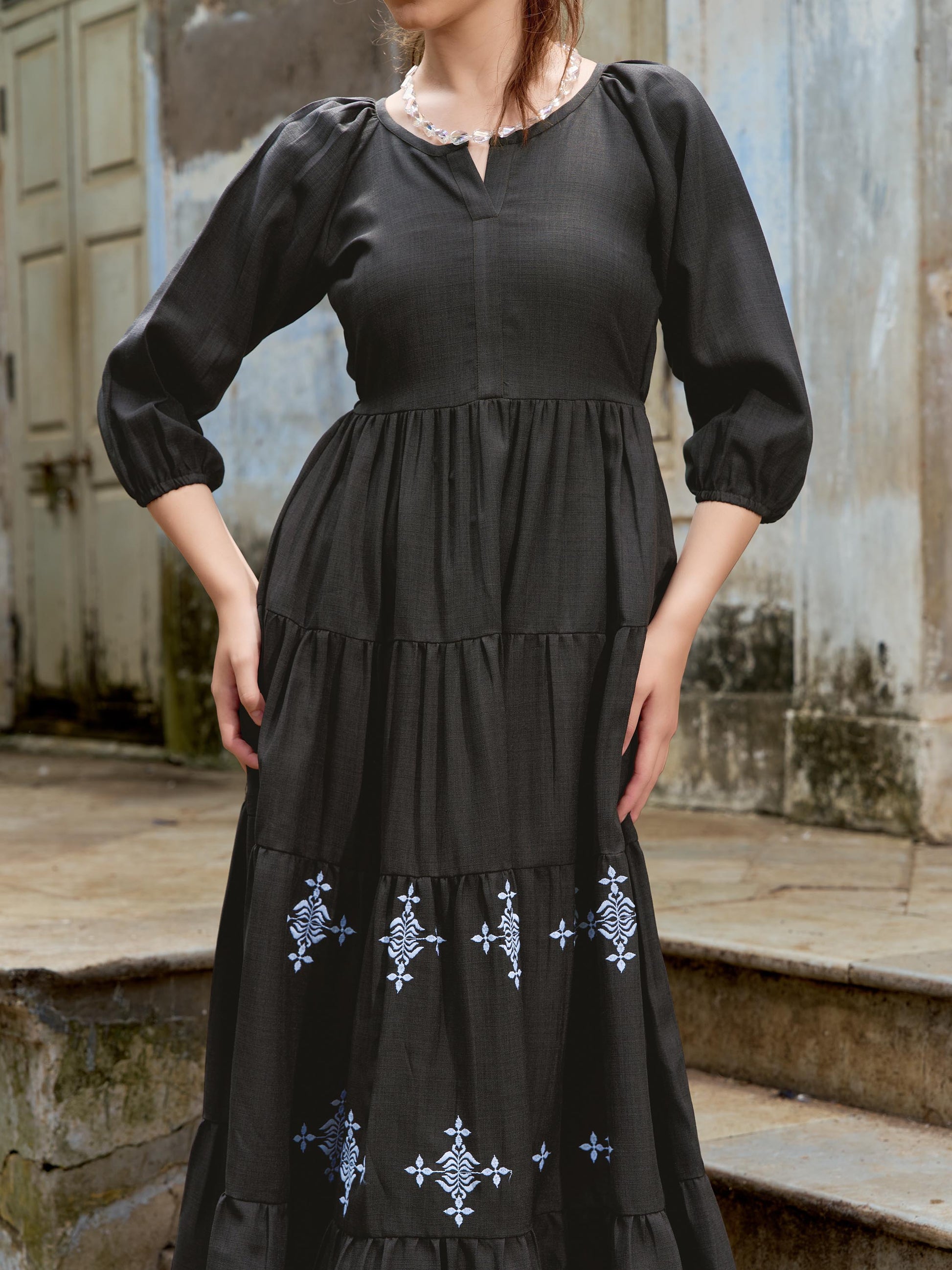 Women Layered Midi Puff Sleeve Round Neck Solid Dress