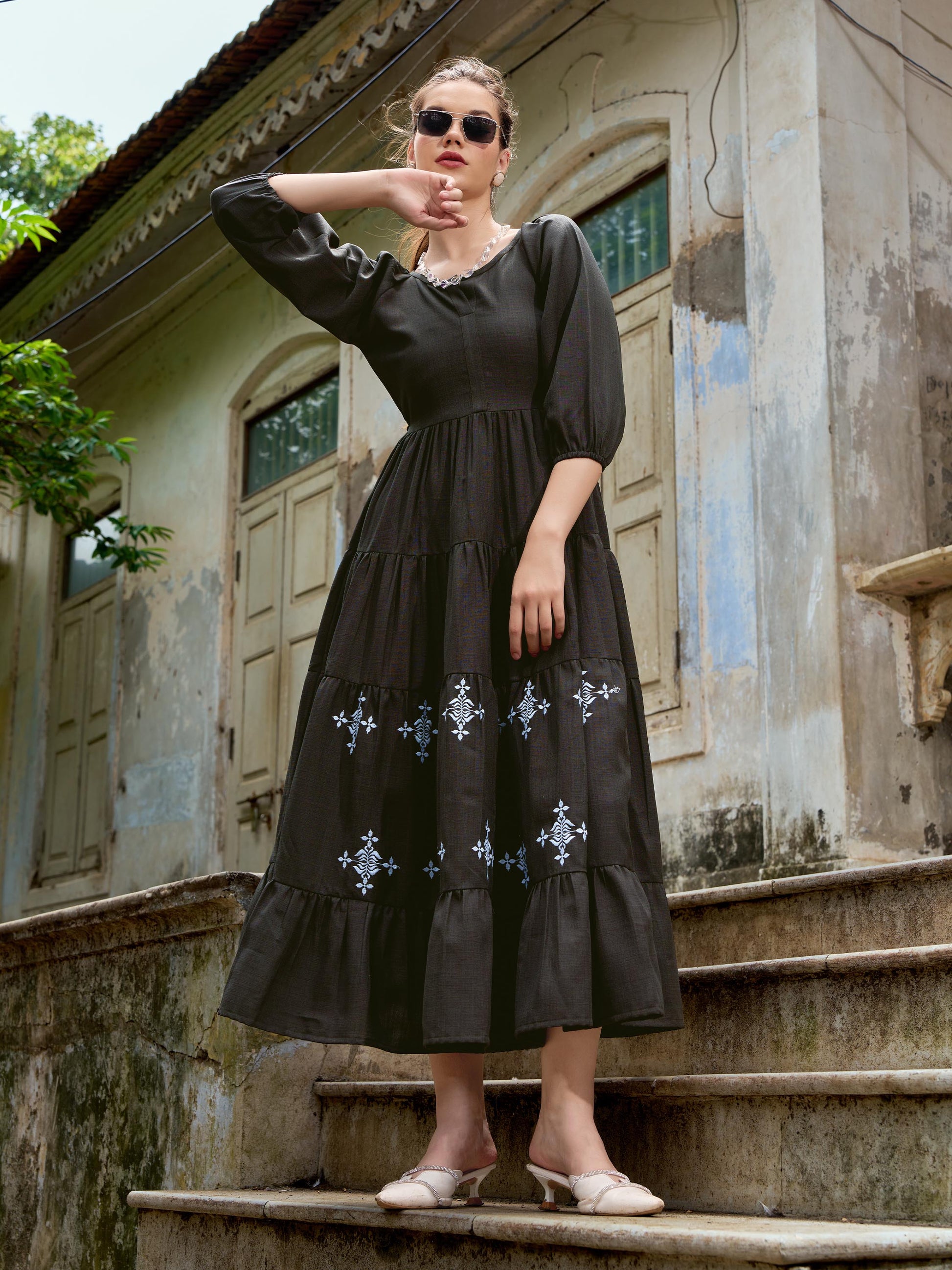 Women Layered Midi Puff Sleeve Round Neck Solid Dress