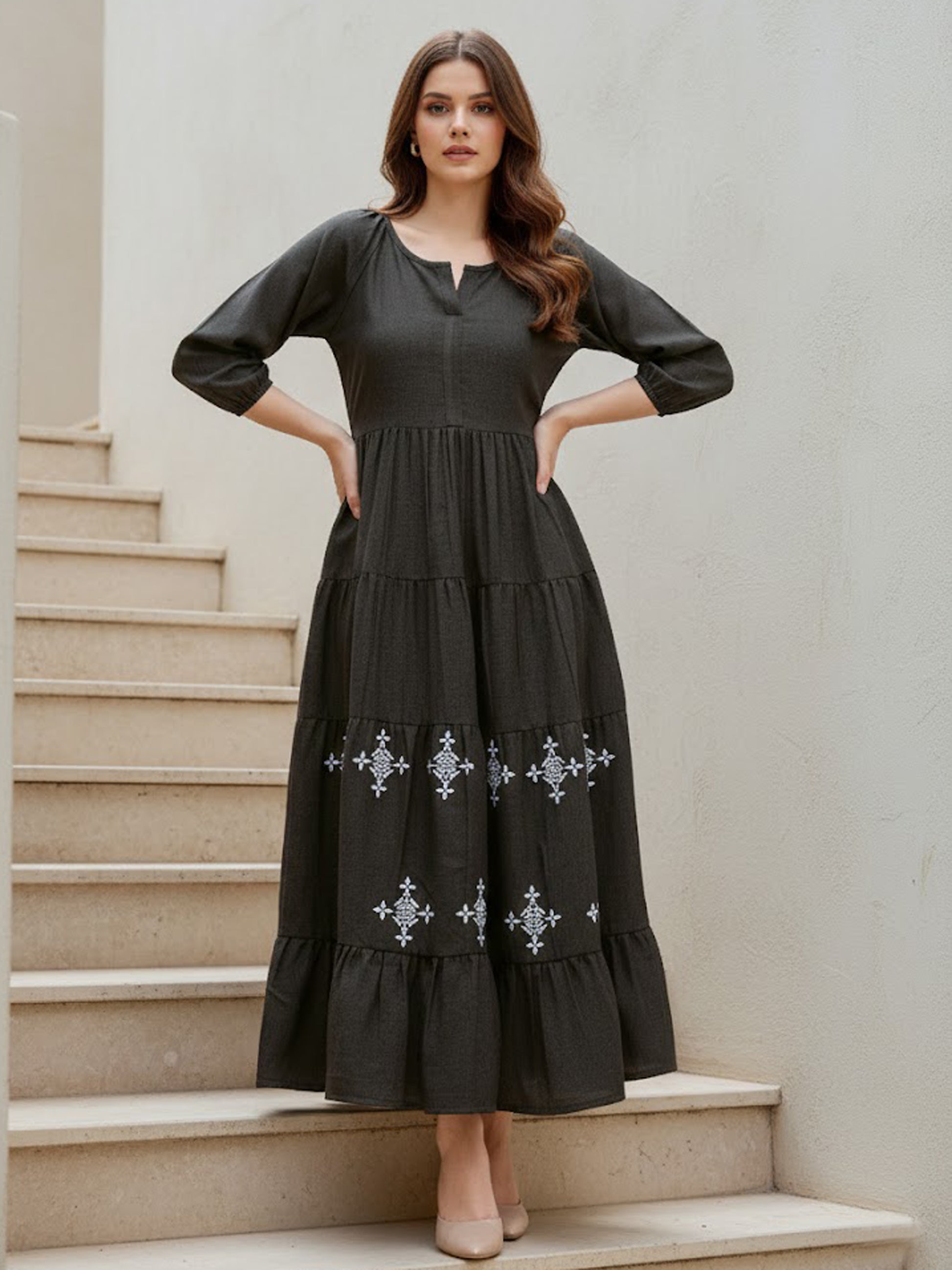 Women Layered Midi Puff Sleeve Round Neck Solid Dress