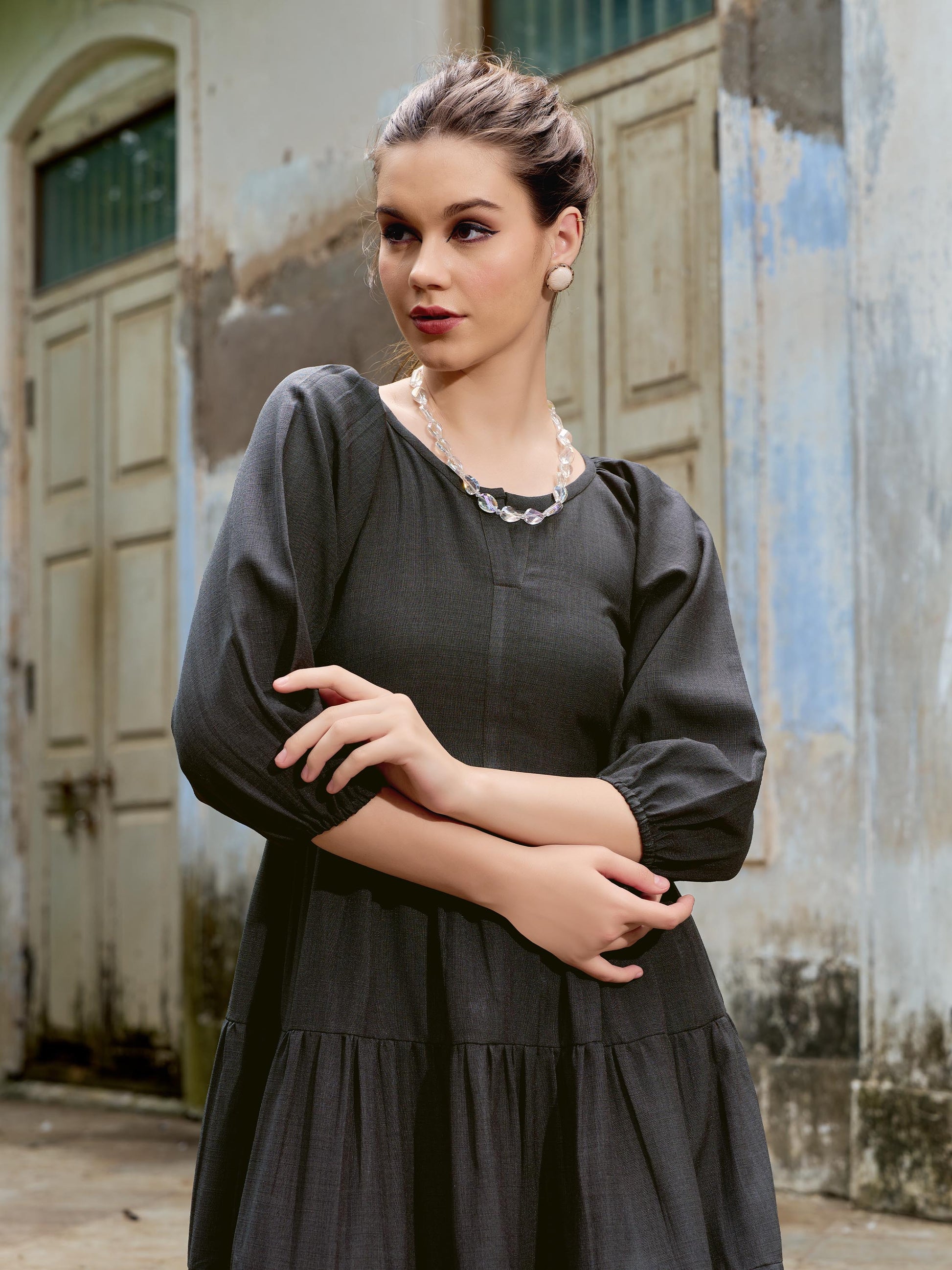 Women Layered Midi Puff Sleeve Round Neck Solid Dress
