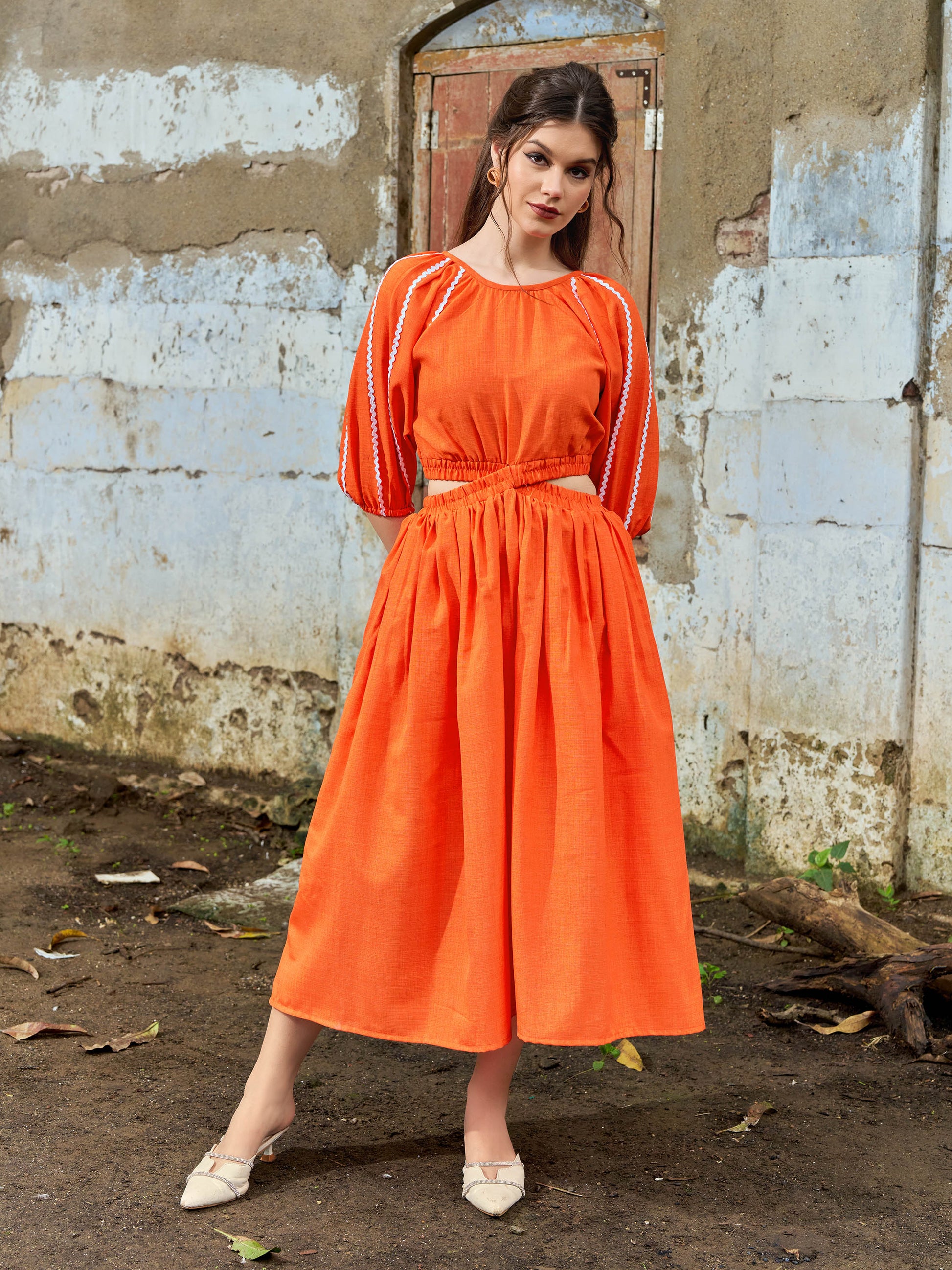 Midi Length Puff Sleeve Linen Dress