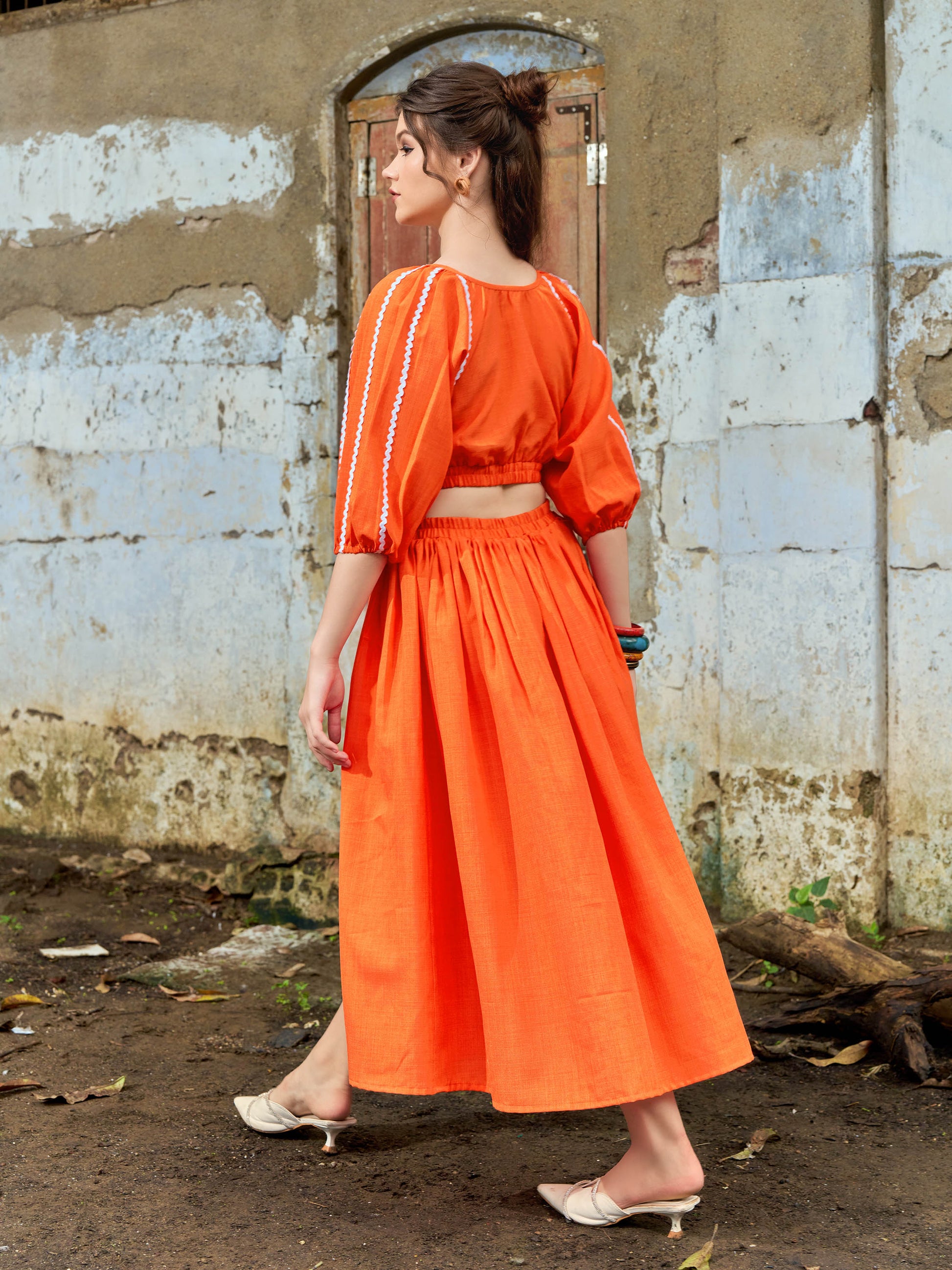 Midi Length Puff Sleeve Linen Dress