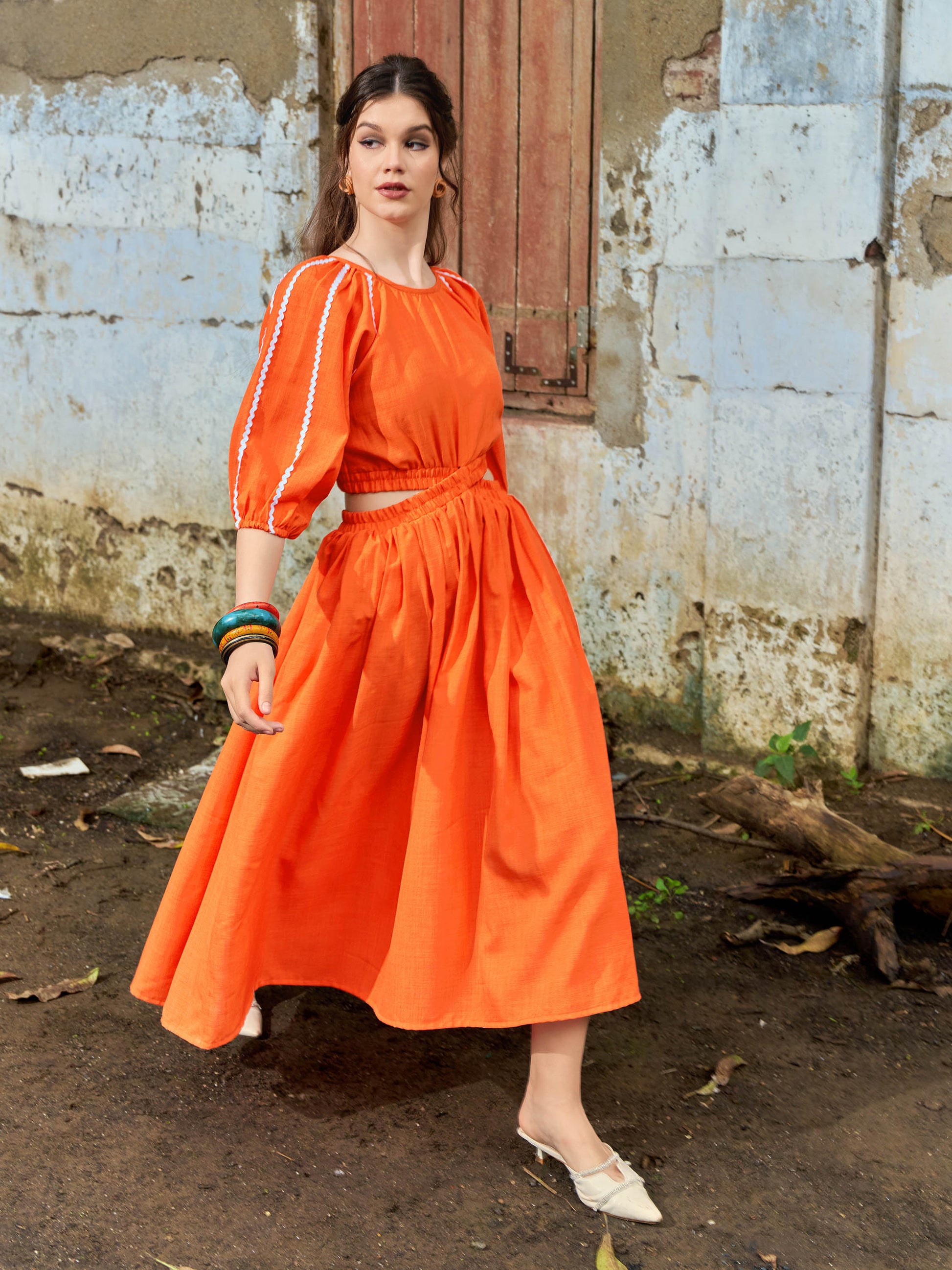 Midi Length Puff Sleeve Linen Dress