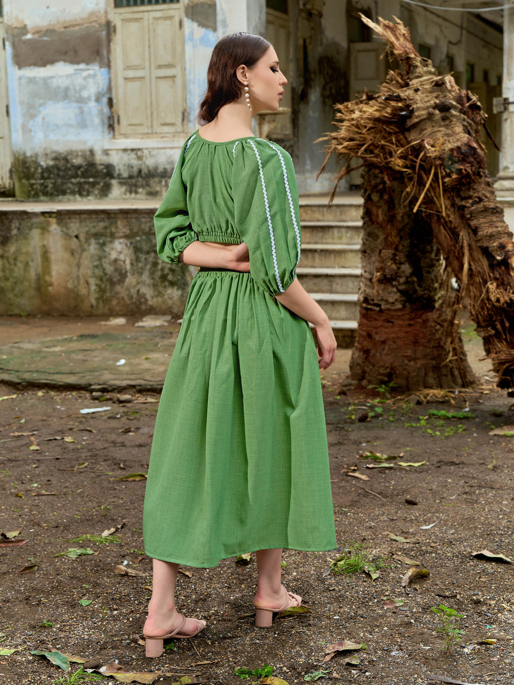 Puff Sleeve Solid Midi length Dress