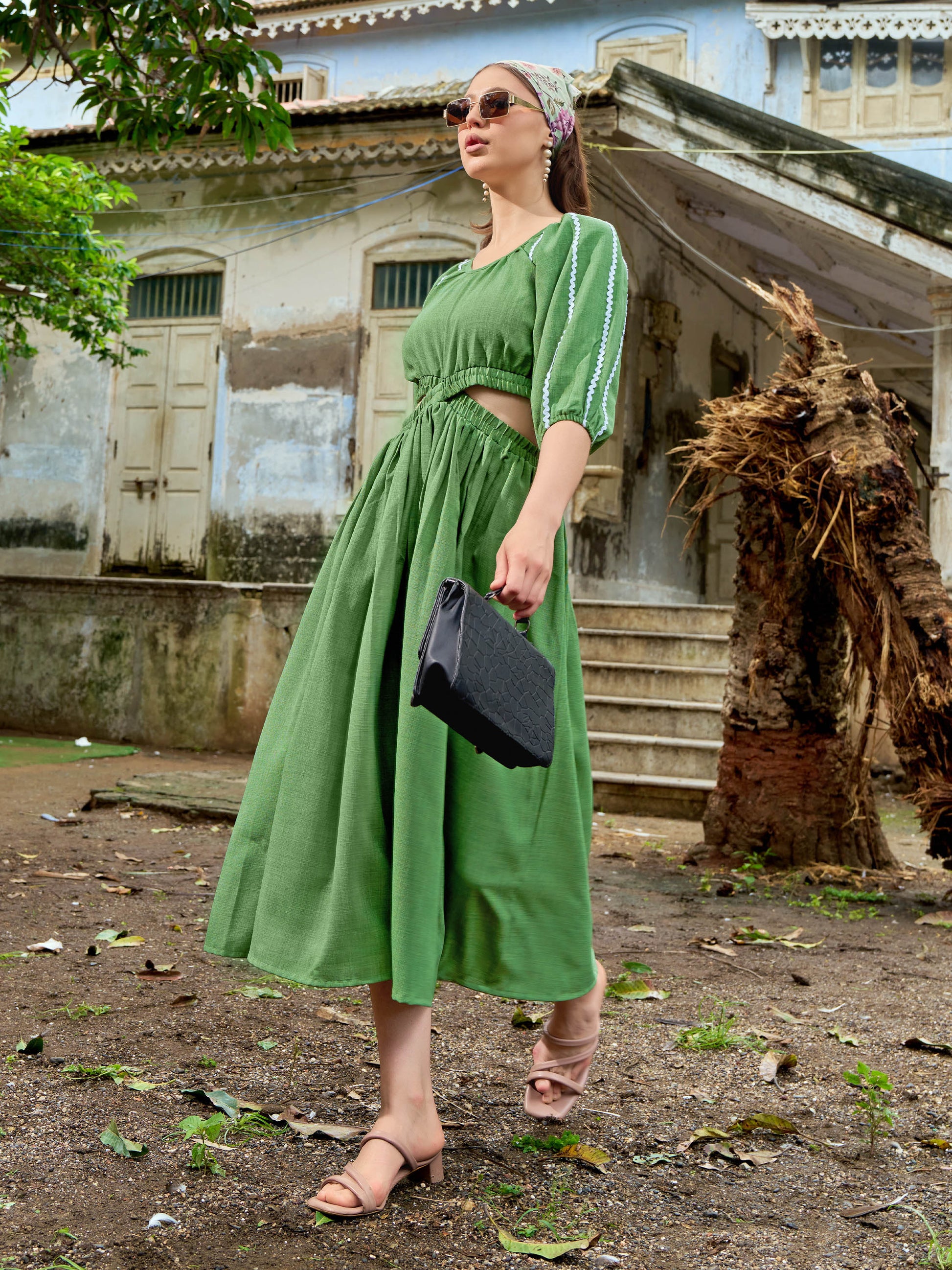 Puff Sleeve Solid Midi length Dress