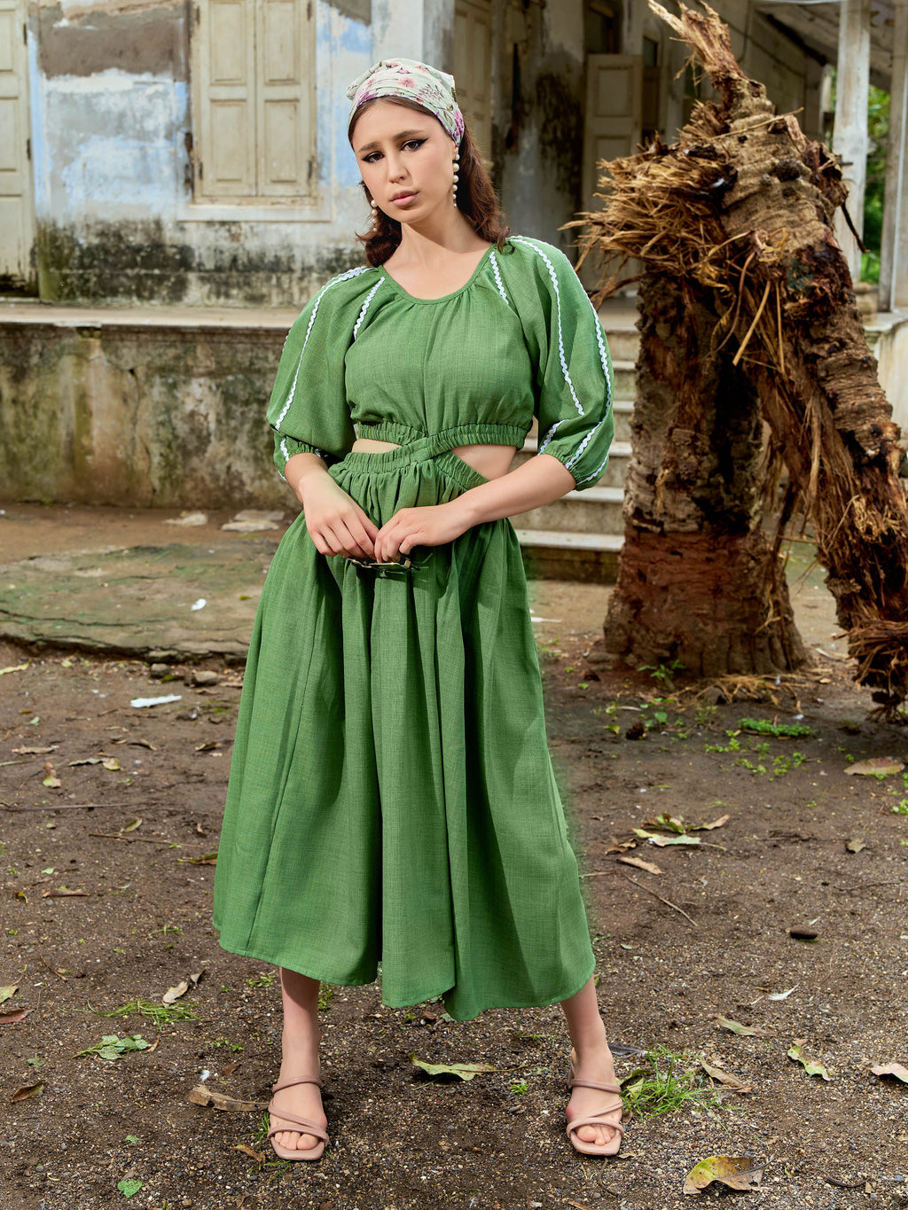 Puff Sleeve Solid Midi length Dress