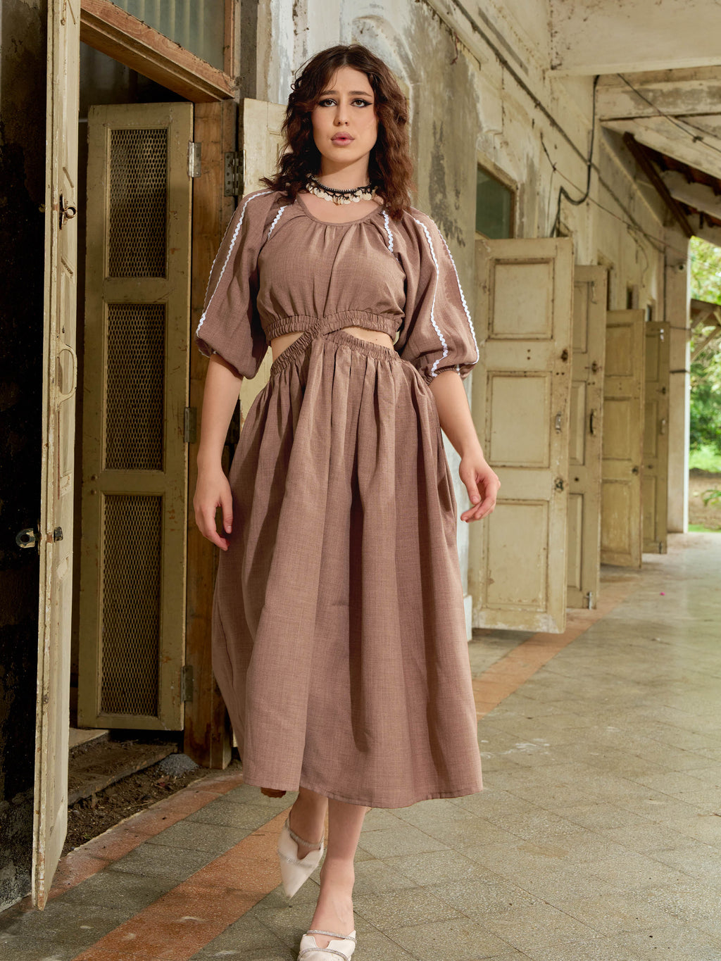 Puff Sleeve Solid Midi length Dress