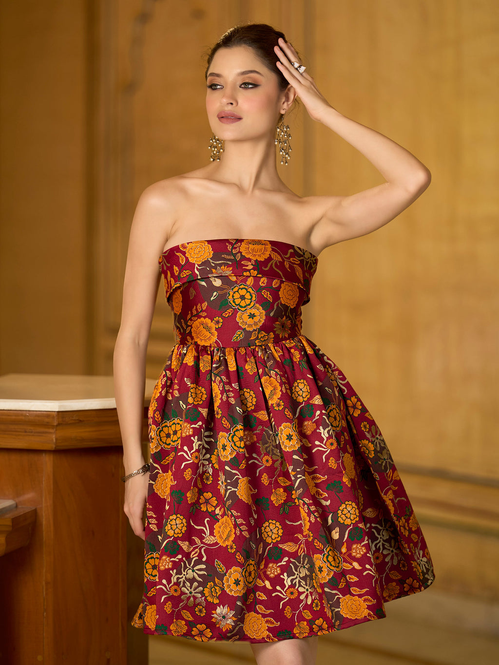 Women Mini Sleeveless Asymmetrical Emblished Printed Dress