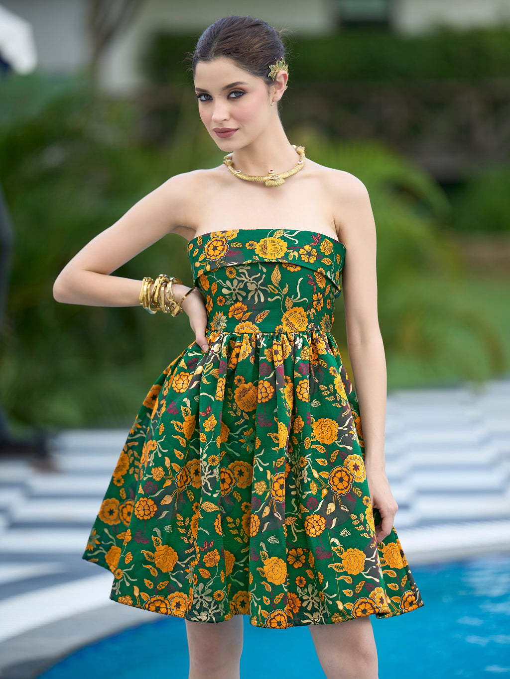 Women Mini Sleeveless Asymmetrical Emblished Printed Dress