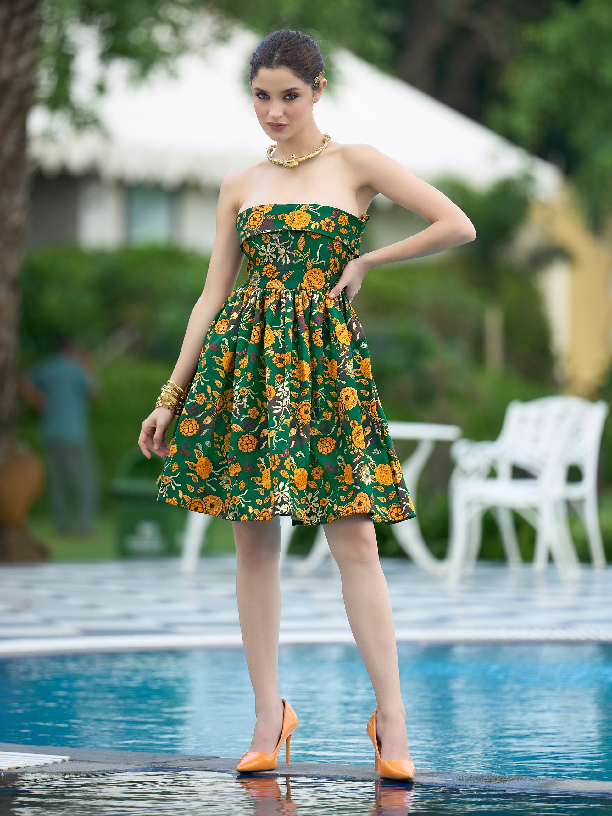 Women Mini Sleeveless Asymmetrical Emblished Printed Dress