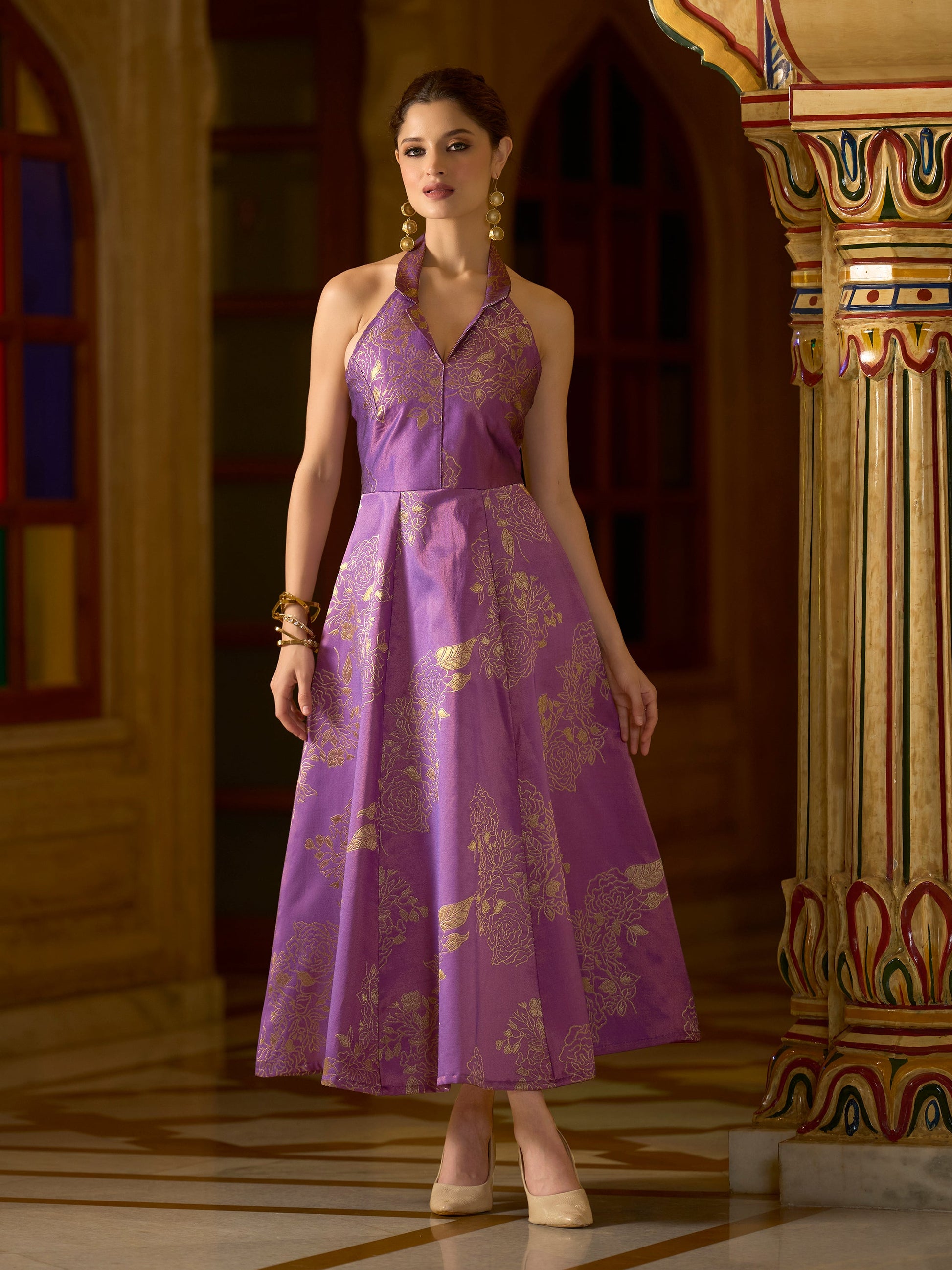 Women Flared Midi Sleeveless Halter Neck Emblished Dress