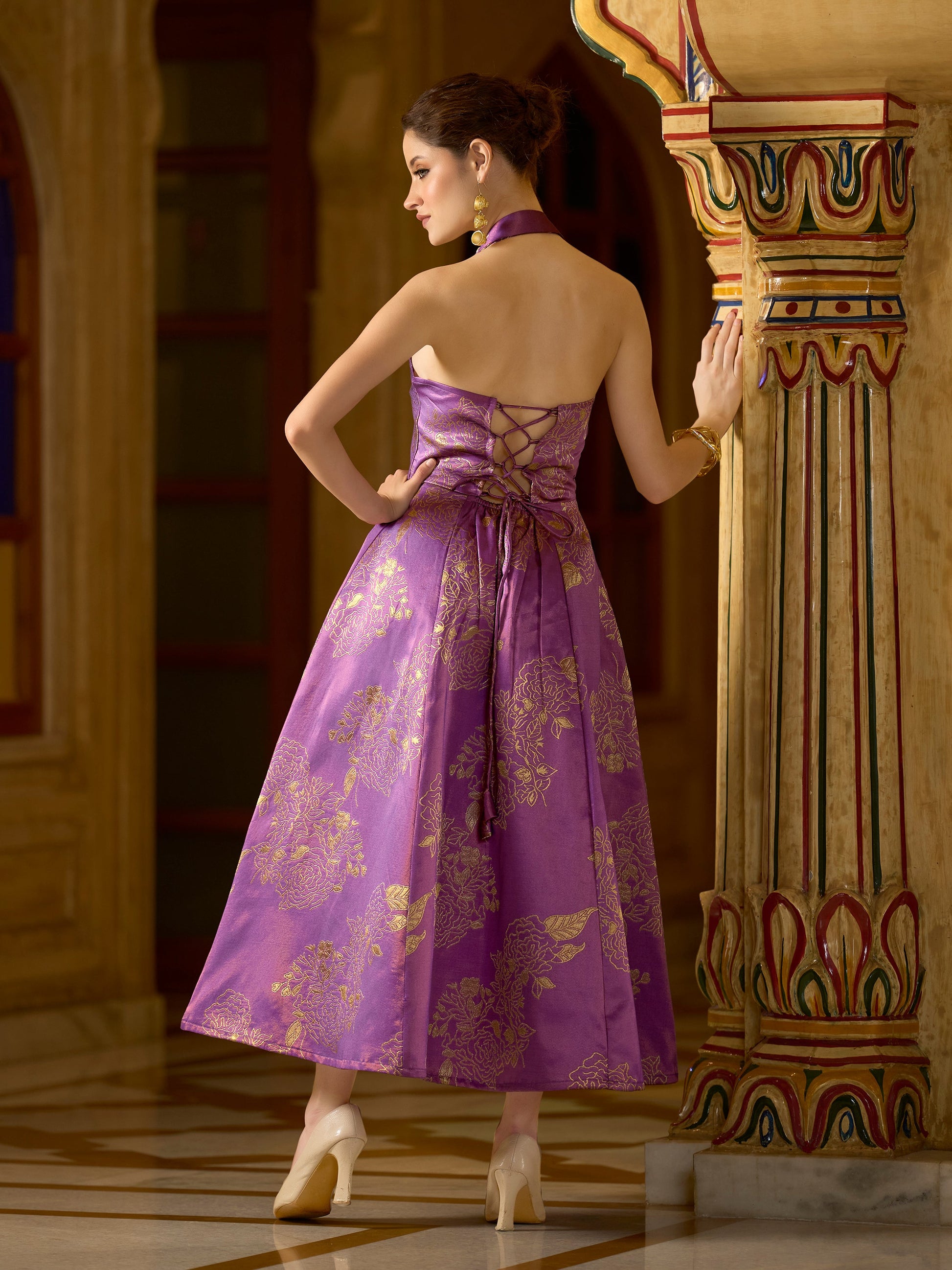 Women Flared Midi Sleeveless Halter Neck Emblished Dress