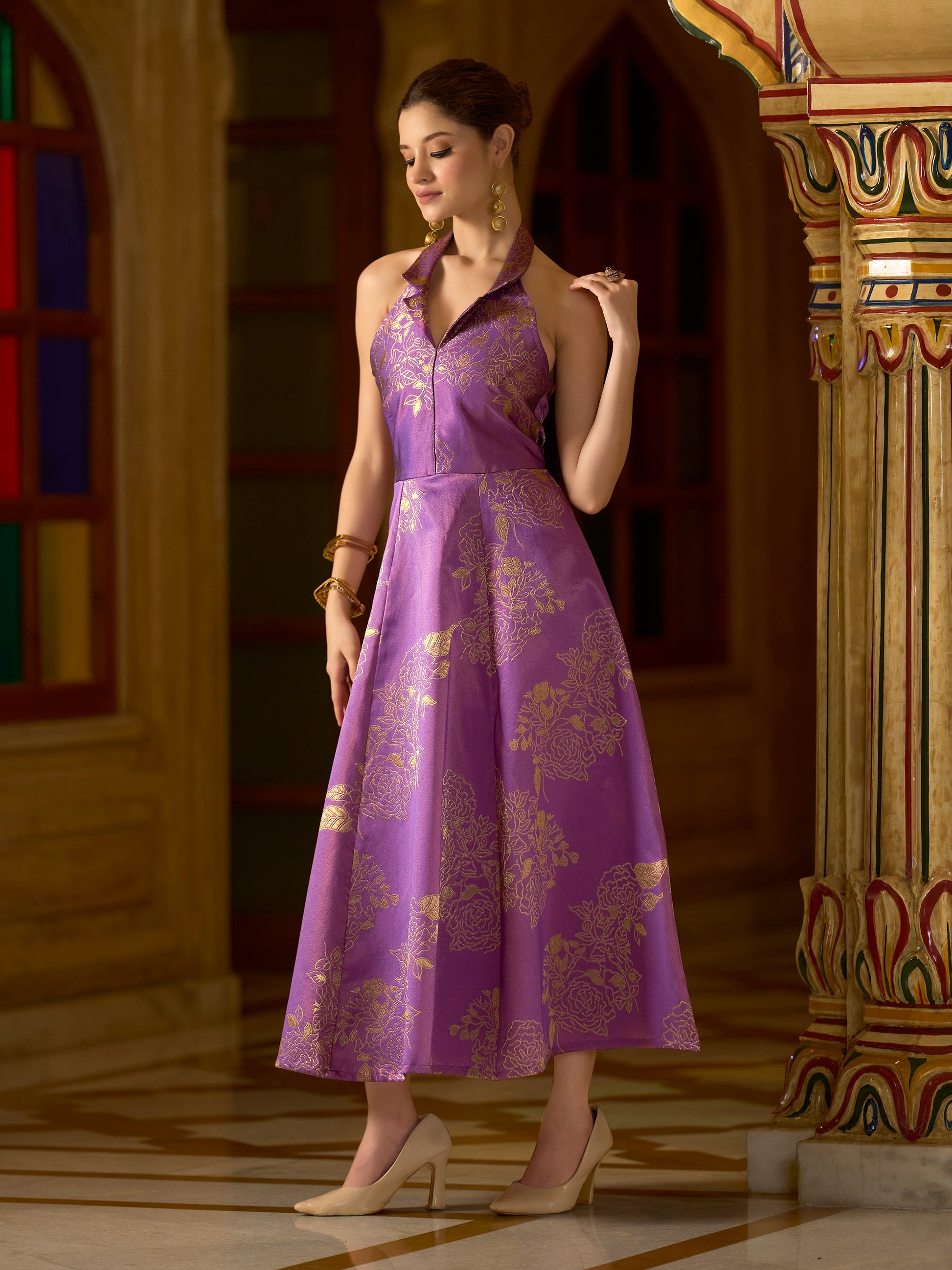 Women Flared Midi Sleeveless Halter Neck Emblished Dress