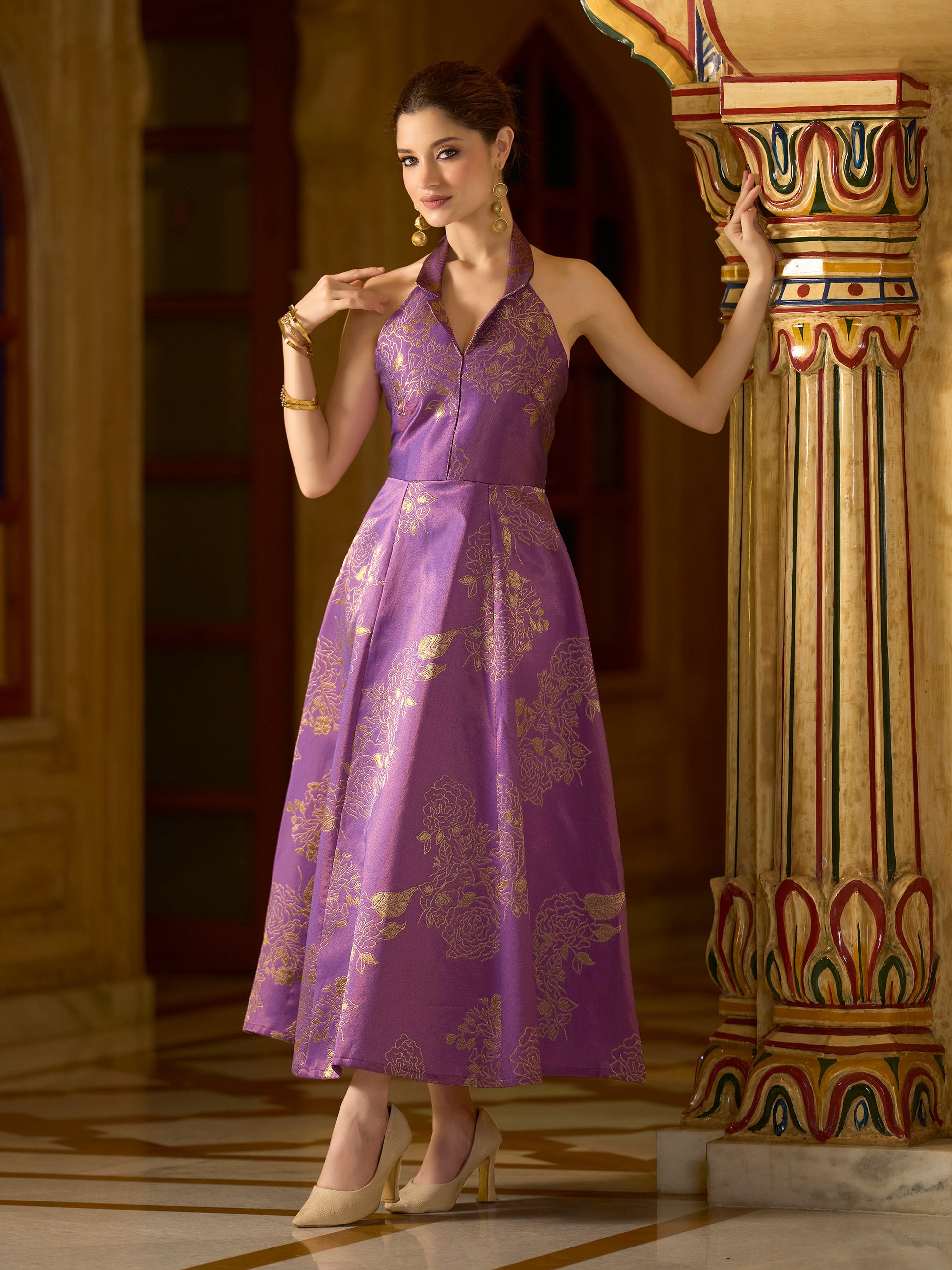 Women Flared Midi Sleeveless Halter Neck Emblished Dress