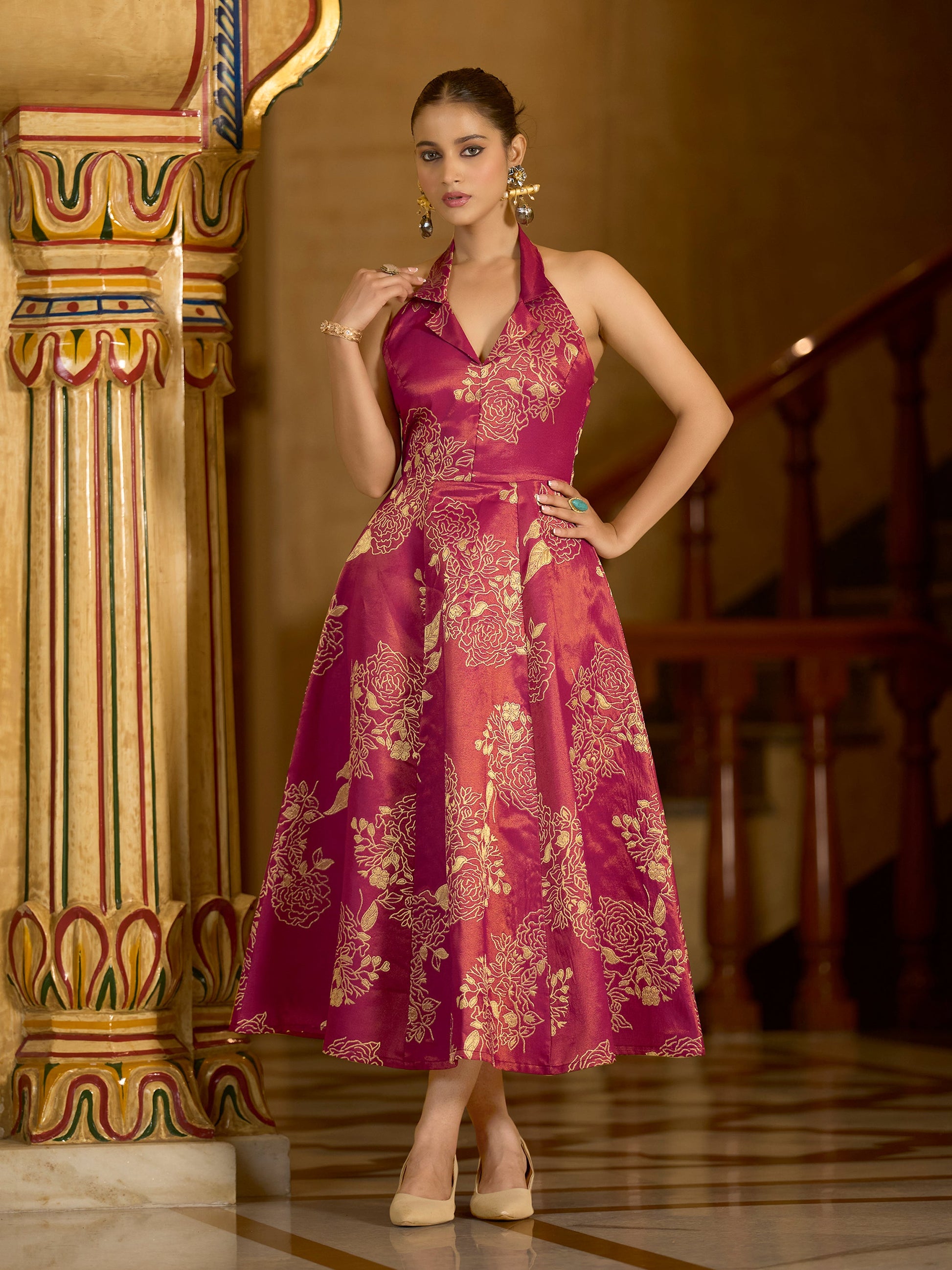 Women Flared Midi Sleeveless Halter Neck Emblished Dress