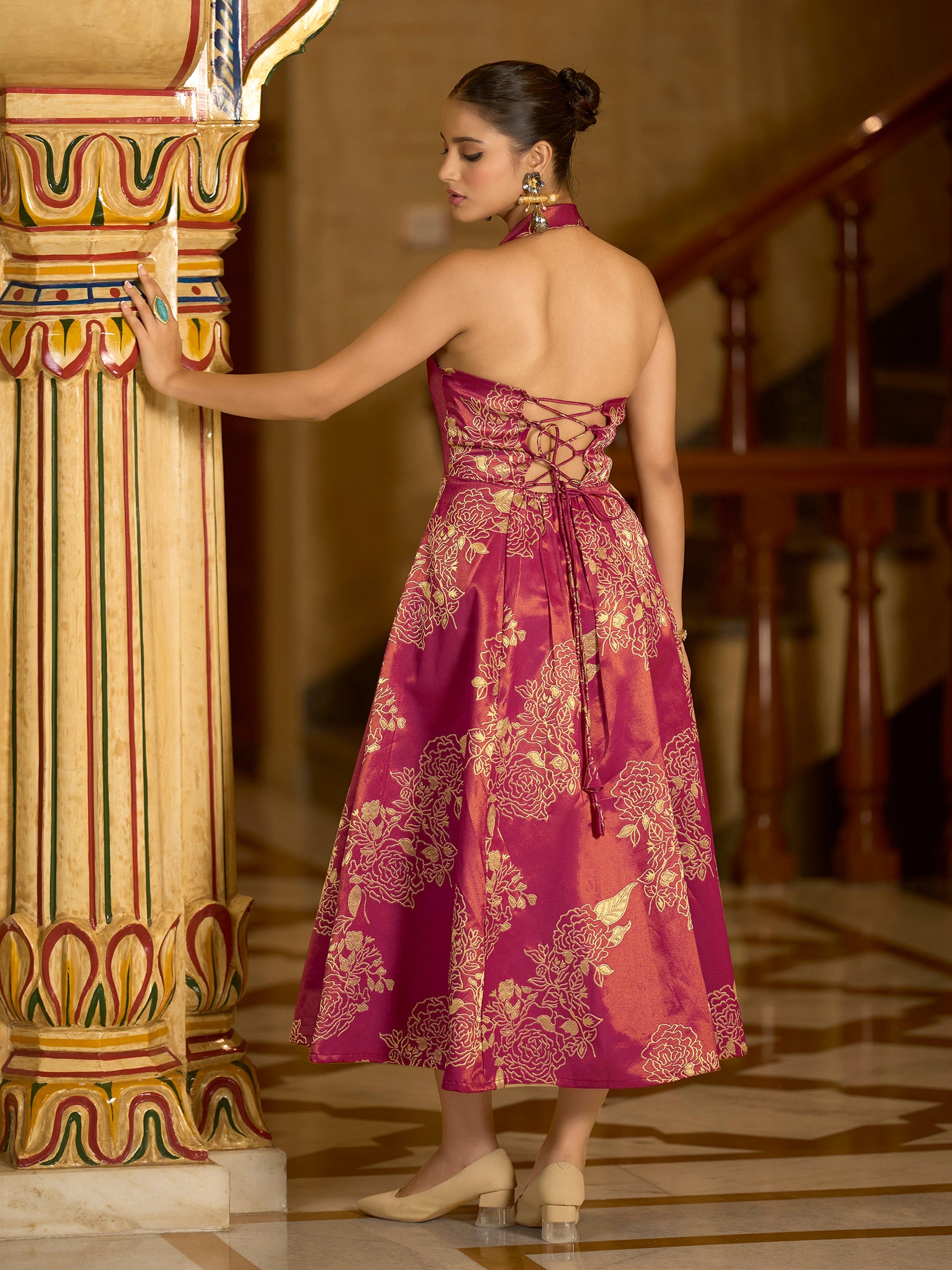 Women Flared Midi Sleeveless Halter Neck Emblished Dress