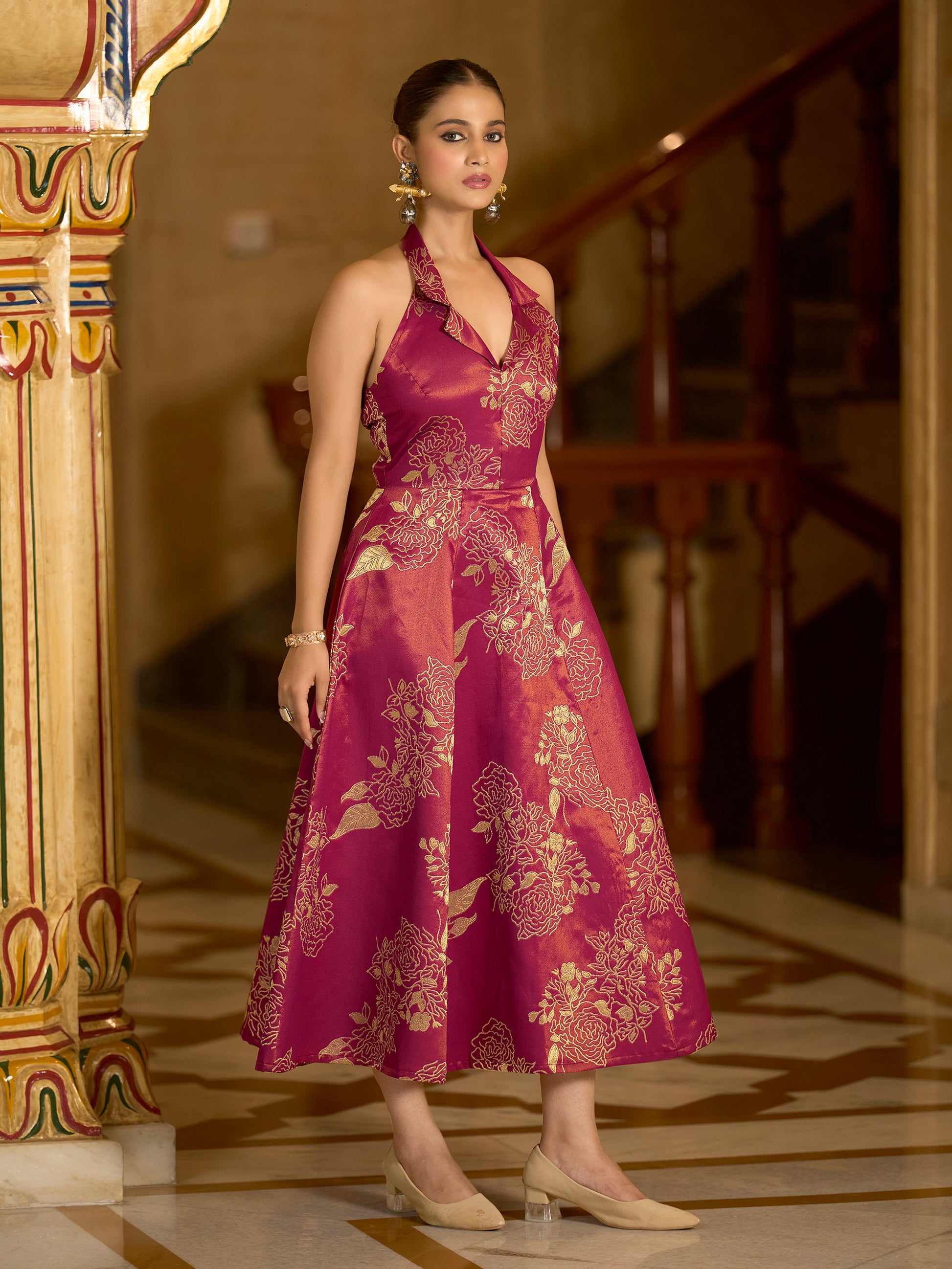 Women Flared Midi Sleeveless Halter Neck Emblished Dress