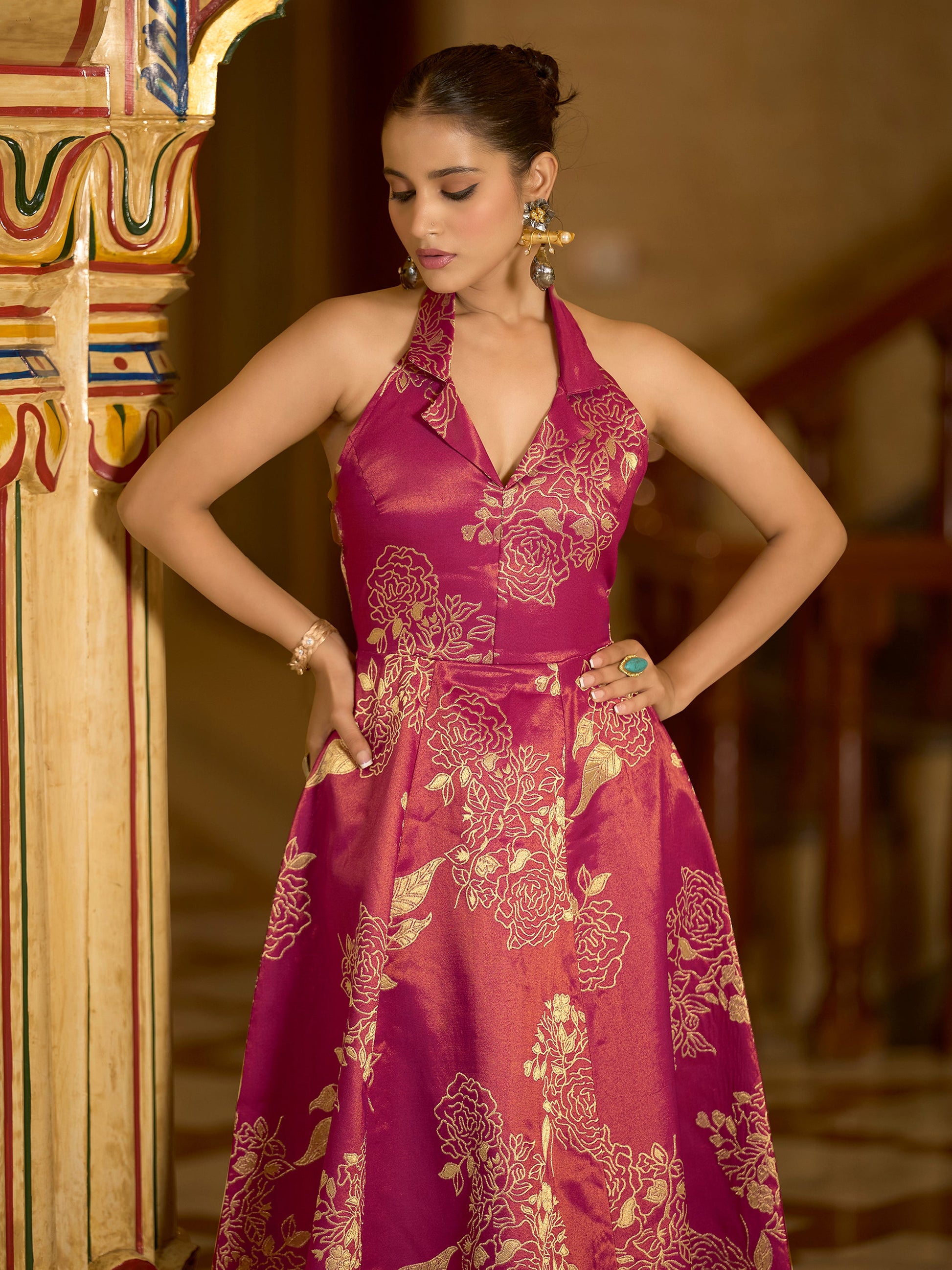 Women Flared Midi Sleeveless Halter Neck Emblished Dress